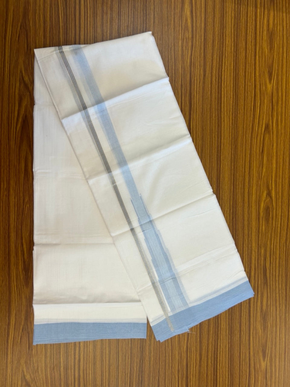 20% Discount ! Kaitharikada Balaramapuram 100% Pure Cotton Double Pure White Mundu/Dhoti - 100x80 - 1.5 inch Silver Kasav Light Blue striped temple chutty 3.90 mtr (8.5 muzham) - 43 KK5287 PMC