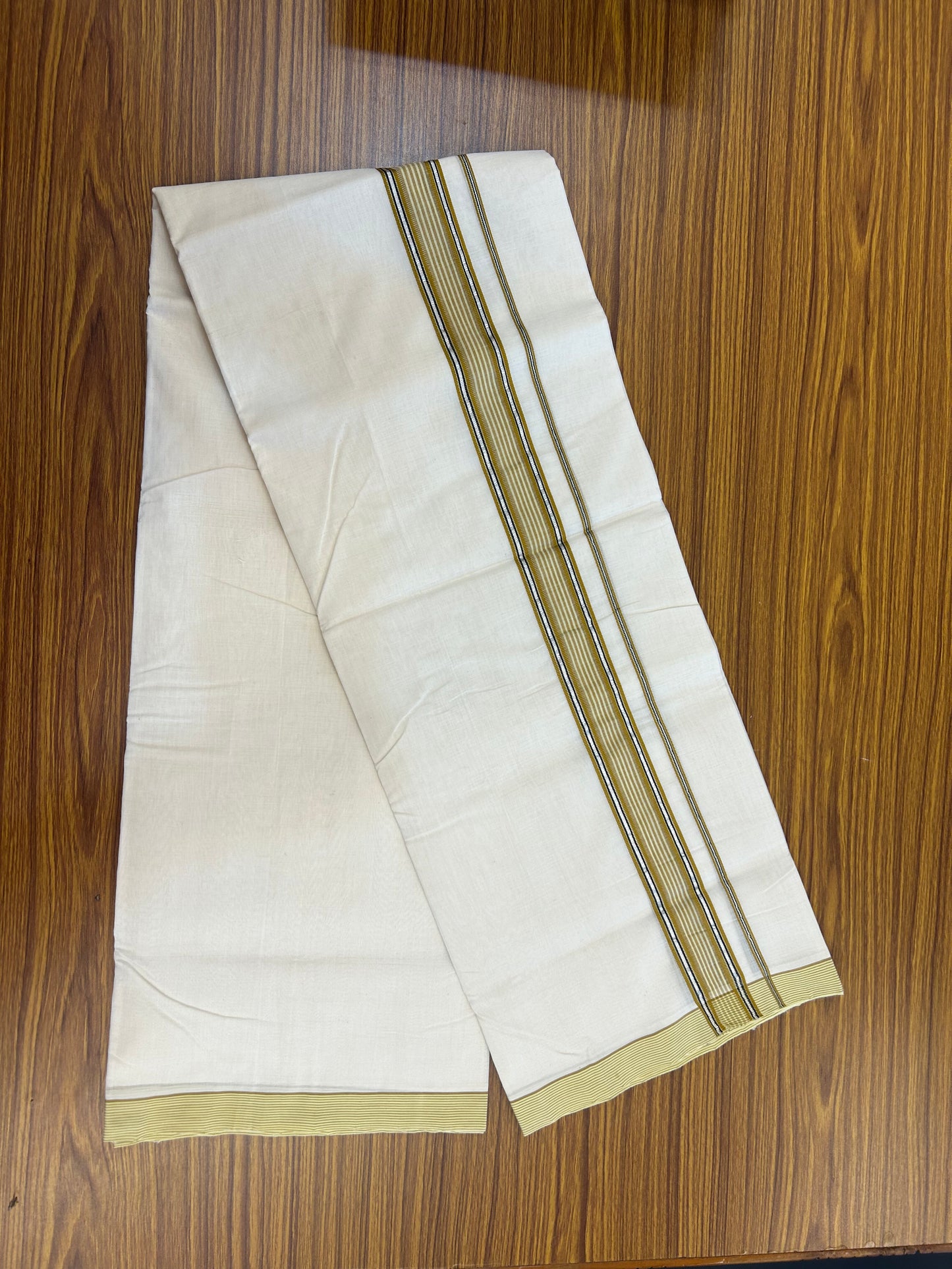 25% Discount!! KaithariKada Handloom Unakkupaav - Kerala Handloom - 100% Pure Cotton Off White - (Unbleached) Double Mundu/Dothi - 100x80 - 1.5 inch Silver Kasav Dark Mustard & Black Striped Kara 4 mtr (8.5 muzham) - 55 KK5353 REA