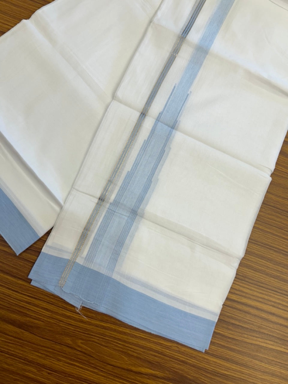20% Discount ! Kaitharikada Balaramapuram 100% Pure Cotton Double Pure White Mundu/Dhoti - 100x80 - 1.5 inch Silver Kasav Light Blue striped temple chutty 3.90 mtr (8.5 muzham) - 43 KK5287 PMC