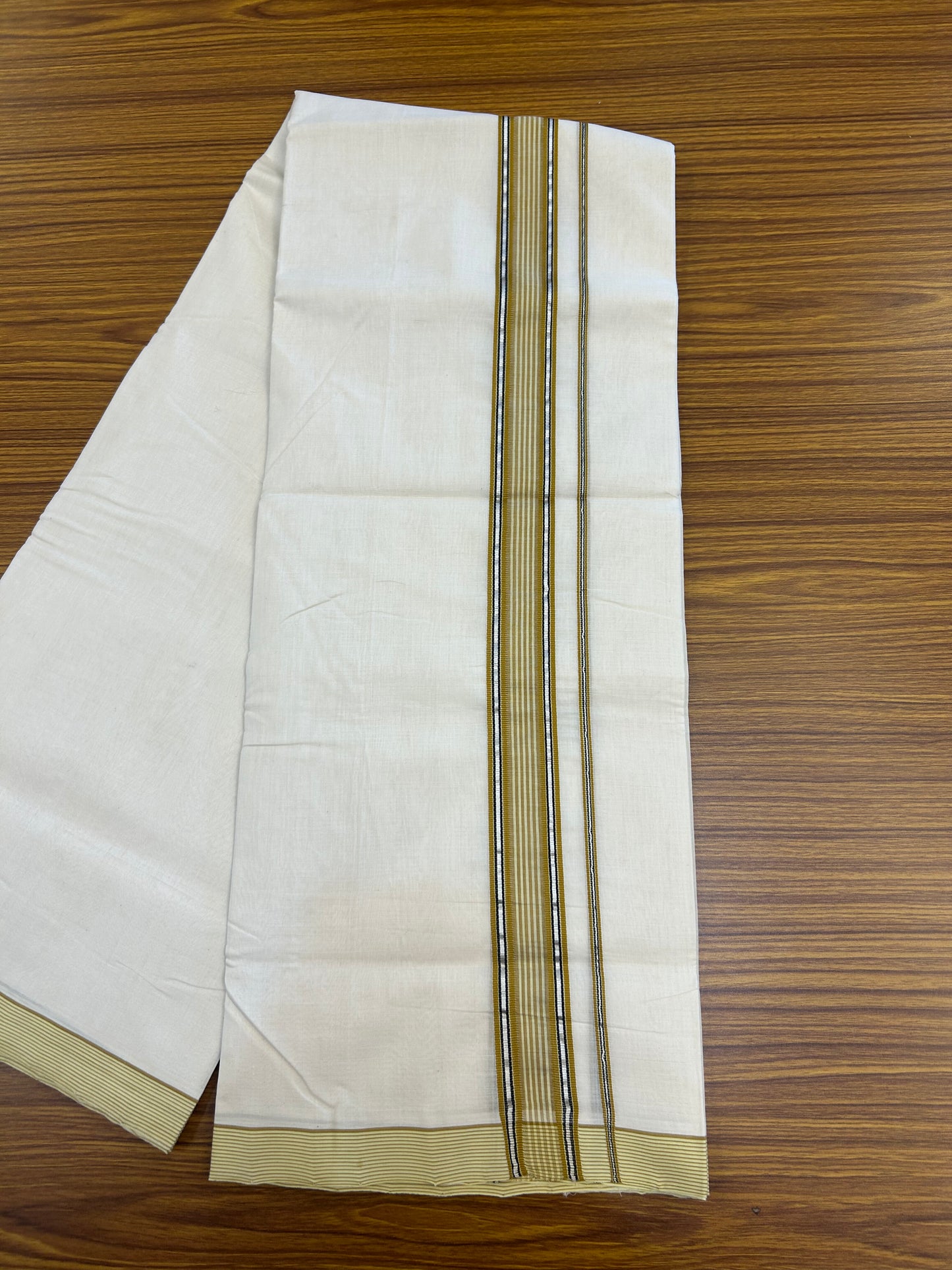 25% Discount!! KaithariKada Handloom Unakkupaav - Kerala Handloom - 100% Pure Cotton Off White - (Unbleached) Double Mundu/Dothi - 100x80 - 1.5 inch Silver Kasav Dark Mustard & Black Striped Kara 4 mtr (8.5 muzham) - 55 KK5353 REA