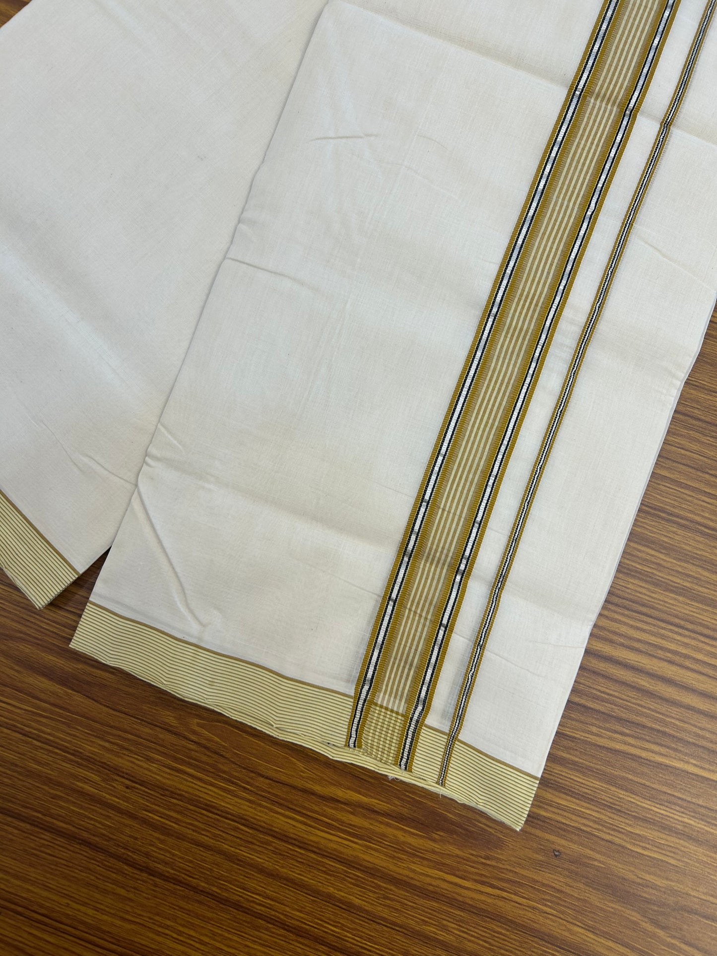 25% Discount!! KaithariKada Handloom Unakkupaav - Kerala Handloom - 100% Pure Cotton Off White - (Unbleached) Double Mundu/Dothi - 100x80 - 1.5 inch Silver Kasav Dark Mustard & Black Striped Kara 4 mtr (8.5 muzham) - 55 KK5353 REA