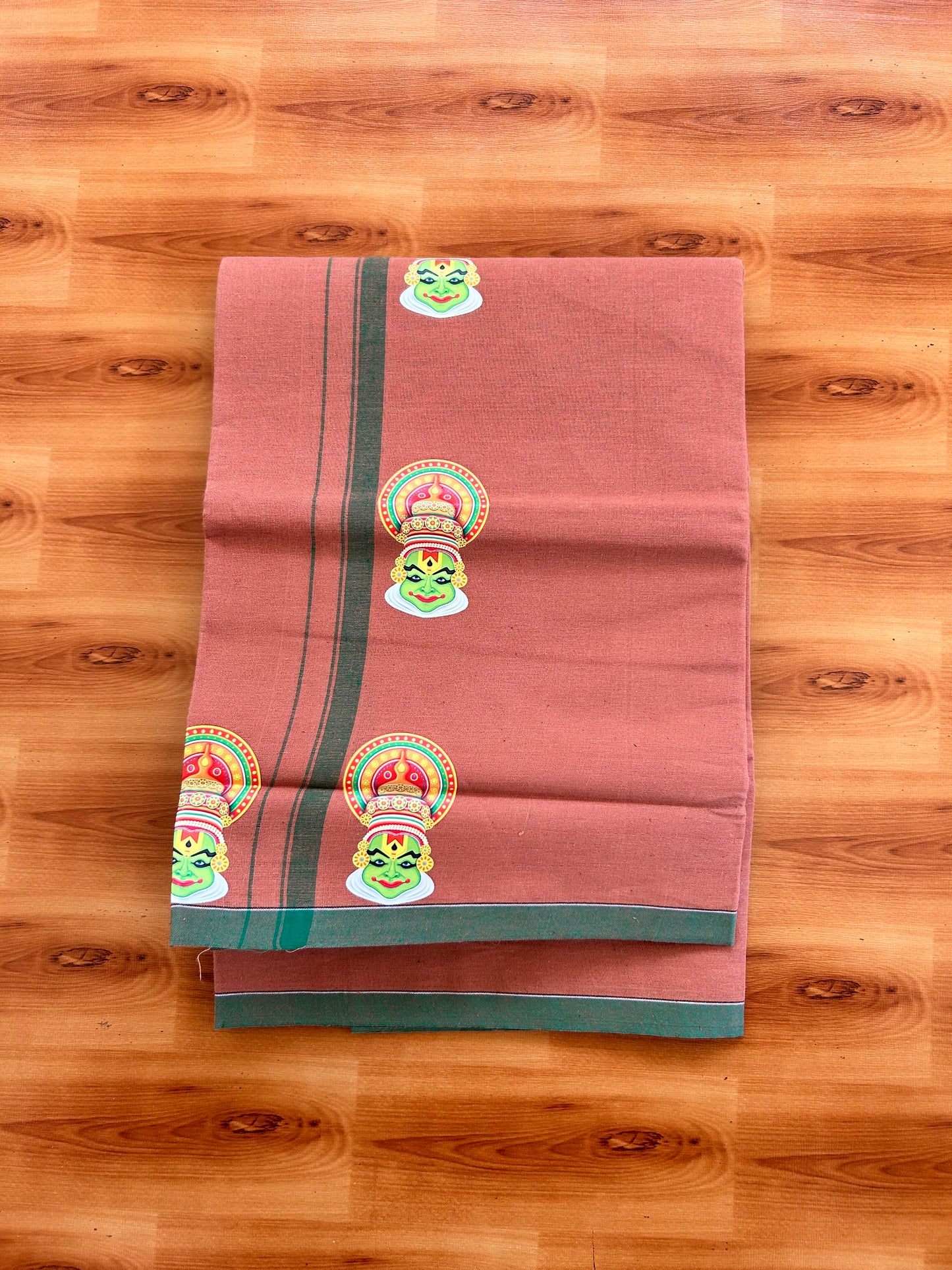 Single Kaily / Lungi- Kaitharikada - Pure Cotton - (40s) - Kathakali Printed Design 0.5 inch Green Kara with Dark Kavi Colour Body (2 meter / 4 muzham) - 61 KK8062 GAN
