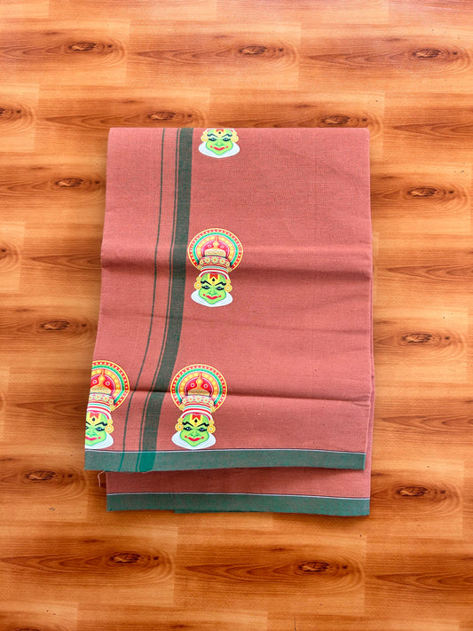 Single Kaily / Lungi- Kaitharikada - Pure Cotton - (40s) - Kathakali Printed Design 0.5 inch Green Kara with Dark Kavi Colour Body (2 meter / 4 muzham) - 61 KK8062 GAN