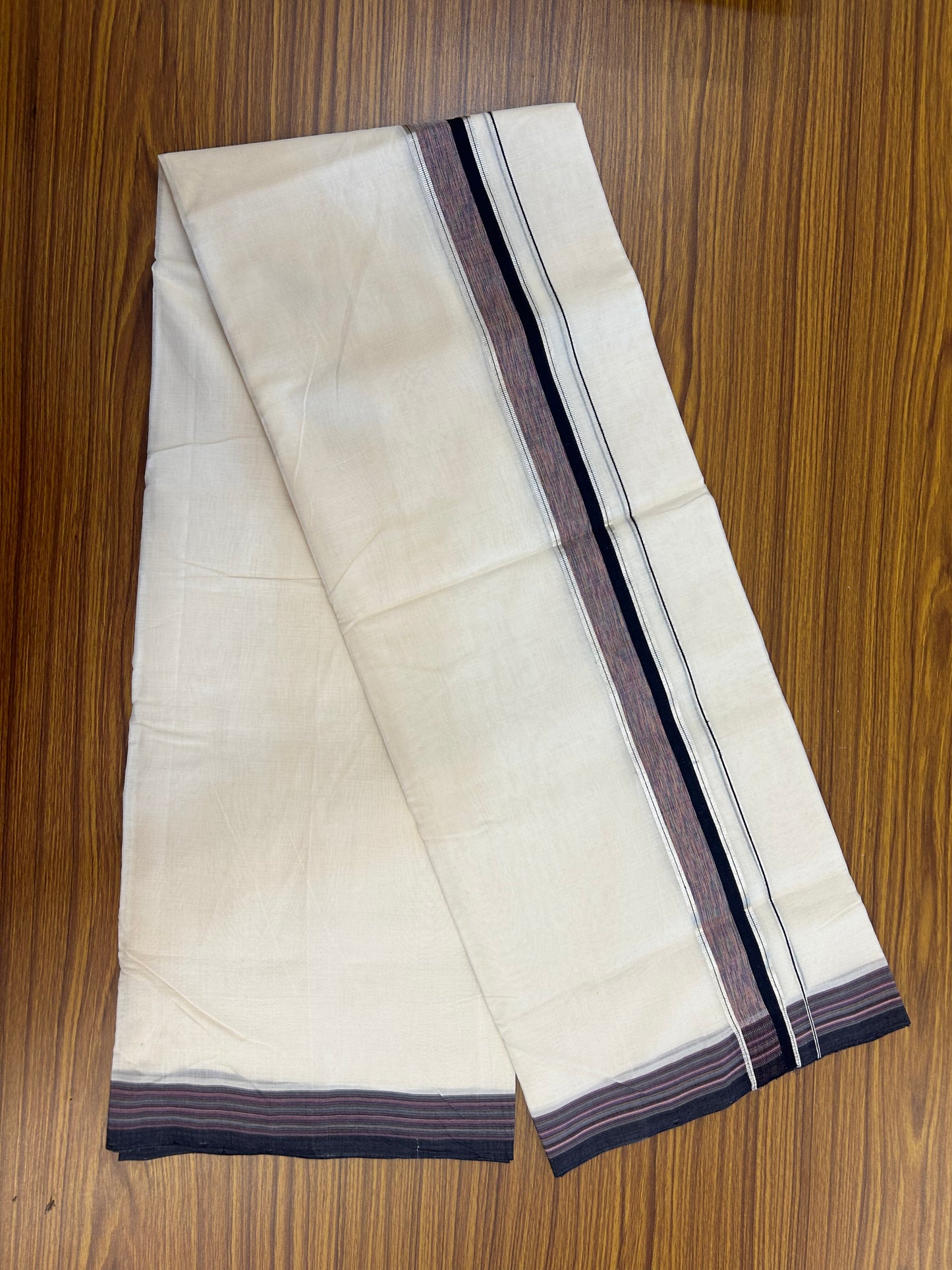 25% Discount!! KaithariKada Handloom Unakkupaav - Kerala Handloom - 100% Pure Cotton Off White - (Unbleached) Double Mundu/Dothi - 100x80 - 1.5 inch Silver Kasav Navy Blue & Multi Colour Shaded Kara 4 mtr (8.5 muzham) - 56 KK5353 REA