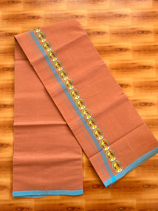 Single Kaily / Lungi- Kaitharikada - Pure Cotton - (40s) - Kathakali Printed Design 0.5 inch Light Blue Kara with Dark Kavi Colour Body (2 meter / 4 muzham) - 59 KK8062 GAN