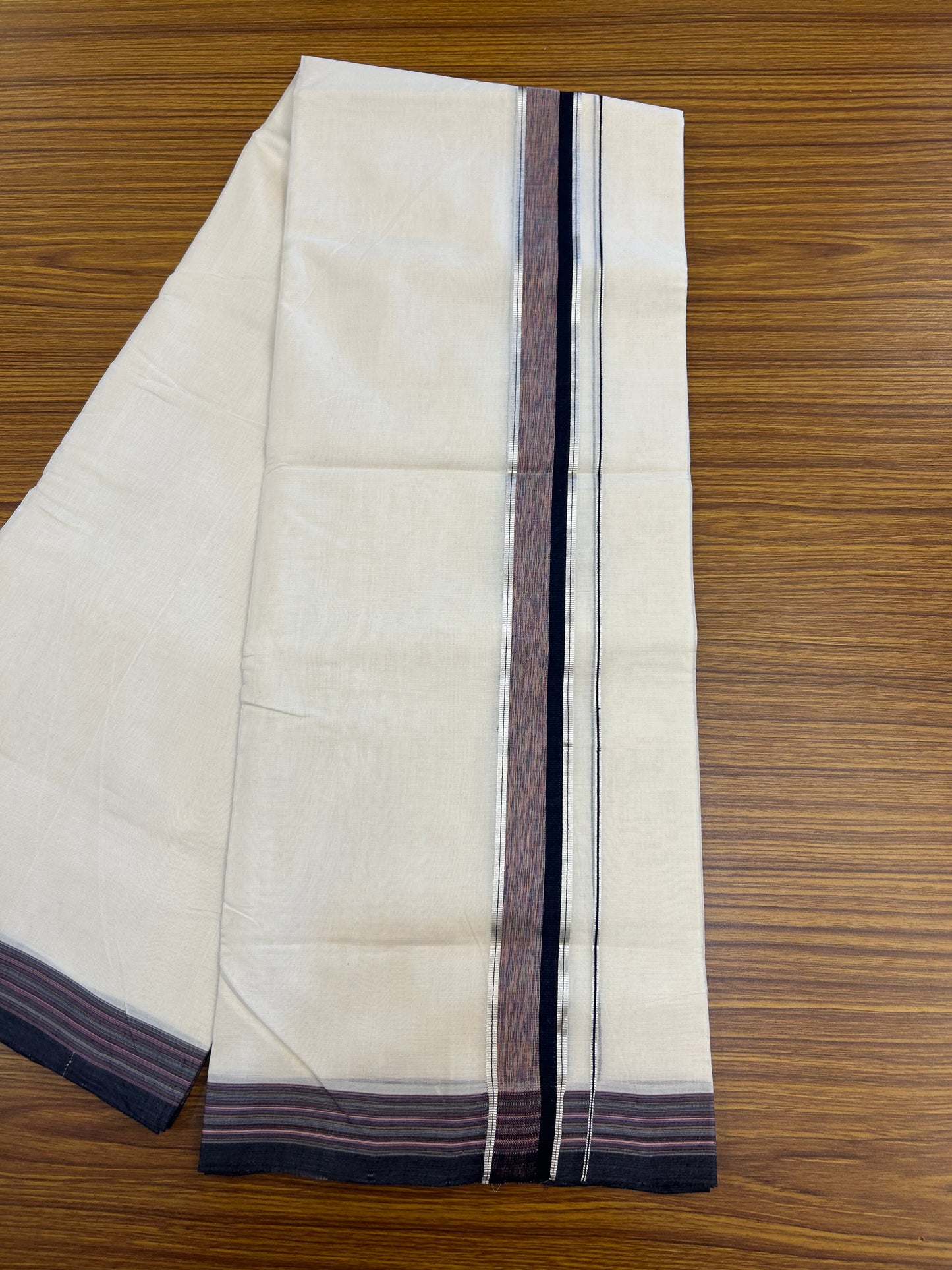 25% Discount!! KaithariKada Handloom Unakkupaav - Kerala Handloom - 100% Pure Cotton Off White - (Unbleached) Double Mundu/Dothi - 100x80 - 1.5 inch Silver Kasav Navy Blue & Multi Colour Shaded Kara 4 mtr (8.5 muzham) - 56 KK5353 REA