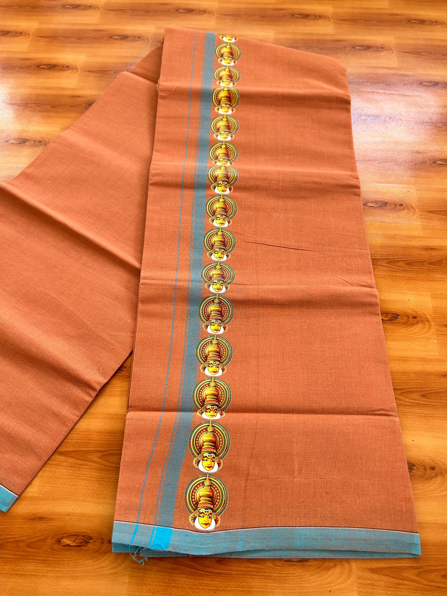 Single Kaily / Lungi- Kaitharikada - Pure Cotton - (40s) - Kathakali Printed Design 0.5 inch Light Blue Kara with Dark Kavi Colour Body (2 meter / 4 muzham) - 59 KK8062 GAN