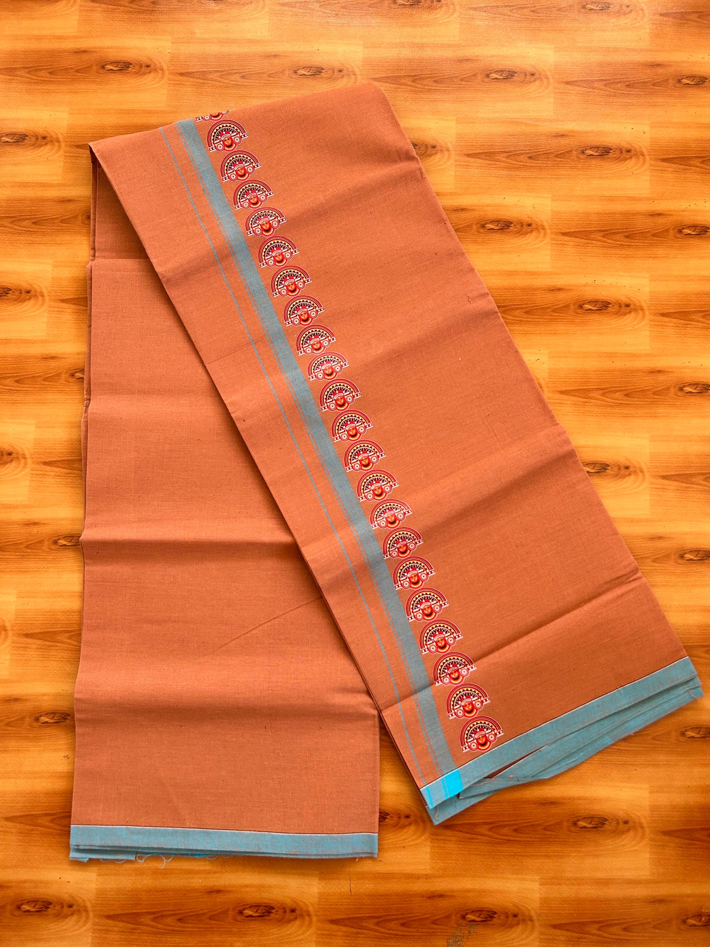 Single Kaily / Lungi- Kaitharikada - Pure Cotton - (40s) - Theyyam Printed Design 0.5 inch Light Blue Kara with Dark Kavi Colour Body (2 meter / 4 muzham) - 64 KK8062 GAN