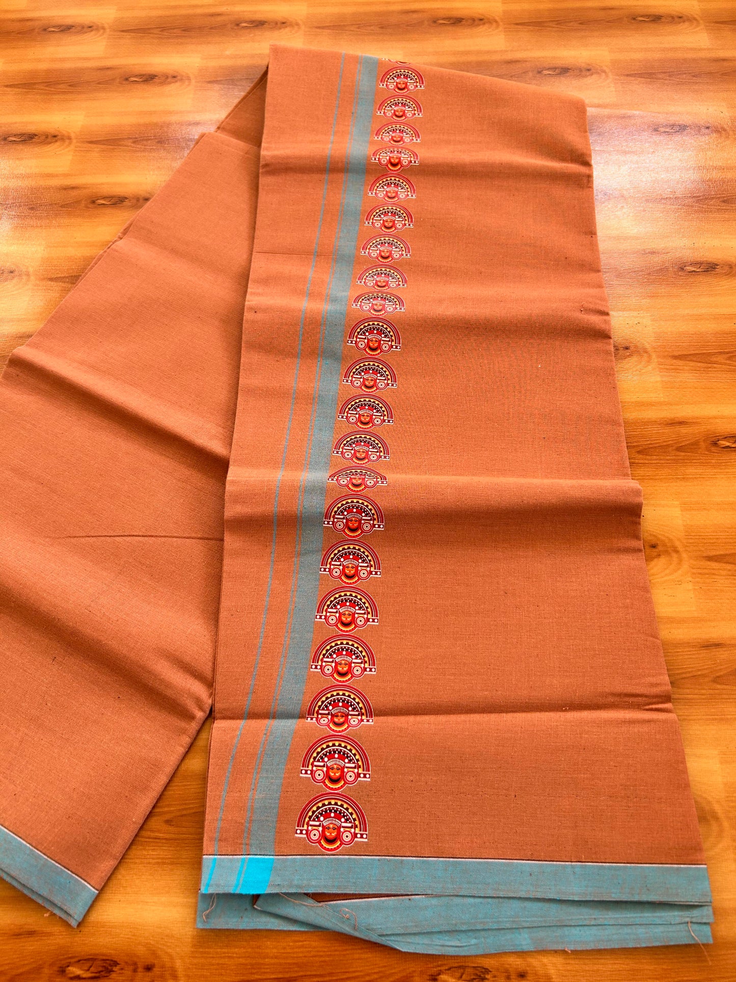 Single Kaily / Lungi- Kaitharikada - Pure Cotton - (40s) - Theyyam Printed Design 0.5 inch Light Blue Kara with Dark Kavi Colour Body (2 meter / 4 muzham) - 64 KK8062 GAN