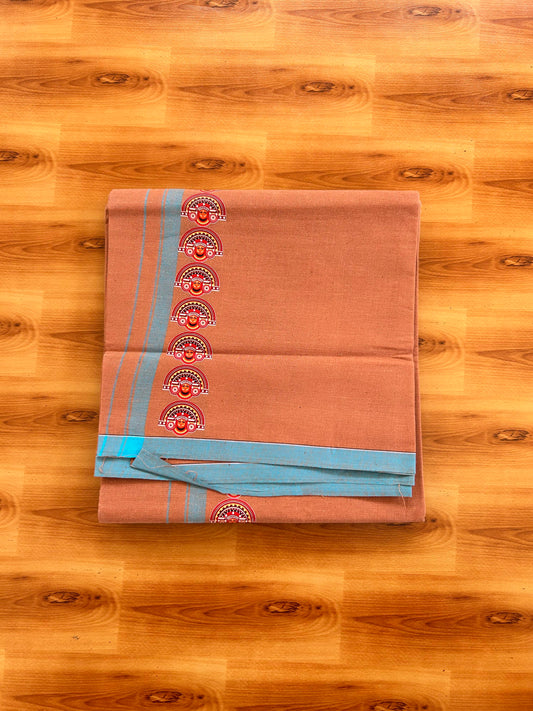 Single Kaily / Lungi- Kaitharikada - Pure Cotton - (40s) - Theyyam Printed Design 0.5 inch Light Blue Kara with Dark Kavi Colour Body (2 meter / 4 muzham) - 64 KK8062 GAN