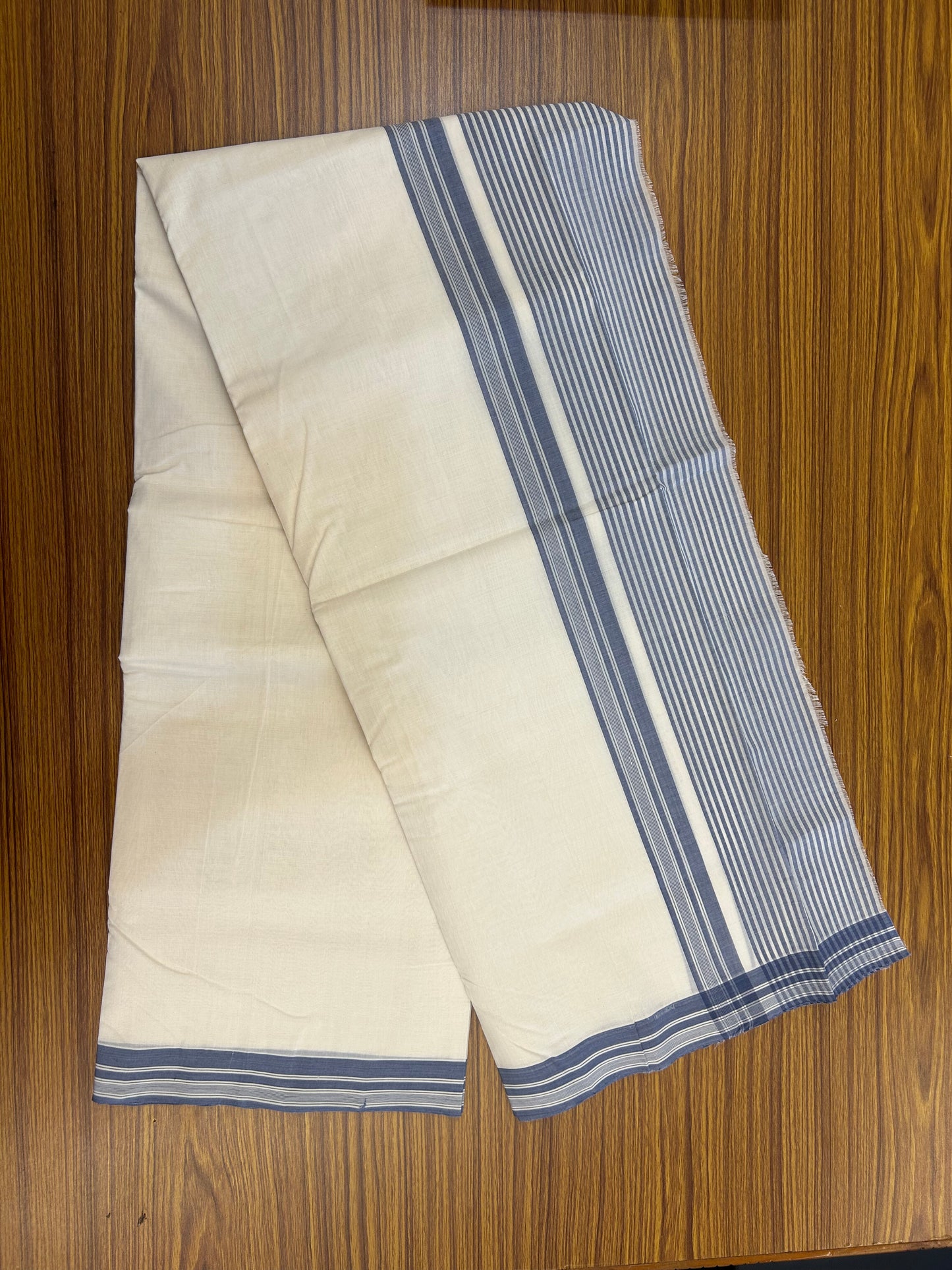 25% Discount!! KaithariKada Handloom Unakkupaav - Kerala Handloom - 100% Pure Cotton Off White - (Unbleached) Double Mundu/Dothi - 100x80 - 6.25 inch Ash Blue Side Striped Kara 4 mtr (8.5 muzham) - 57 KK5353 REA