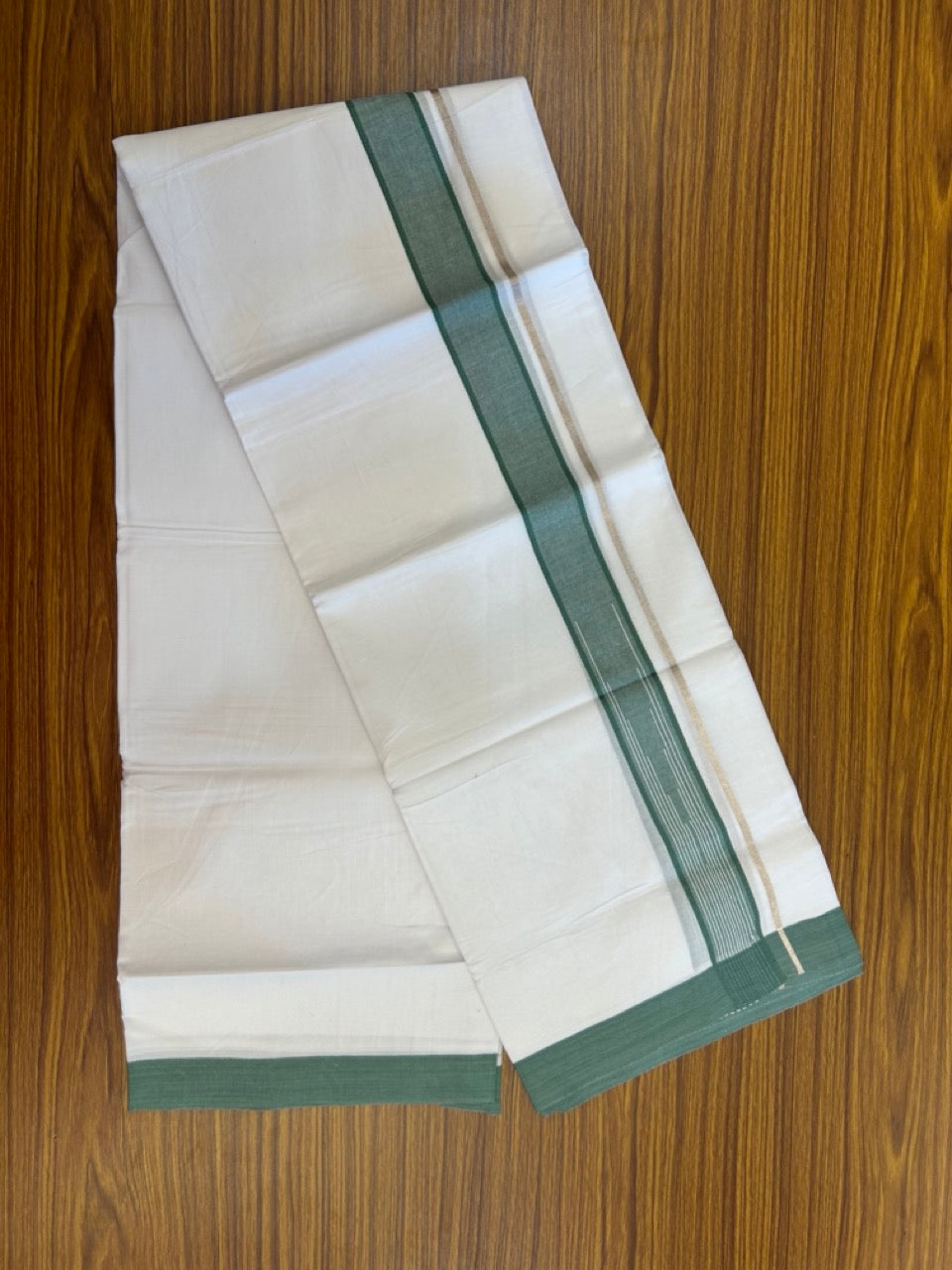 20% Discount ! Kaitharikada Balaramapuram 100% Pure Cotton Double Pure White Mundu/Dhoti - 100x80 - 1.5 inch Silver Kasav Green shaded white striped chutty 3.90 mtr (8.5 muzham) - 44 KK5287 PMC