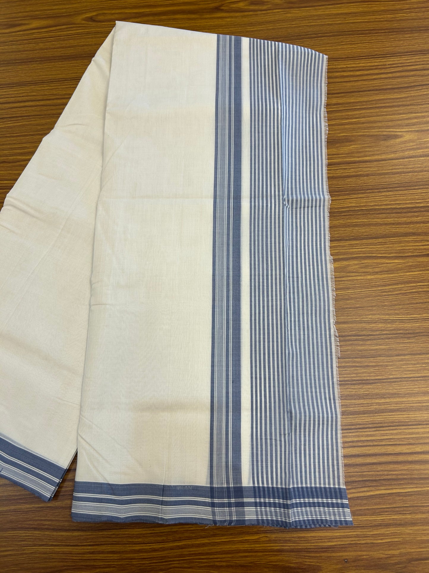 25% Discount!! KaithariKada Handloom Unakkupaav - Kerala Handloom - 100% Pure Cotton Off White - (Unbleached) Double Mundu/Dothi - 100x80 - 6.25 inch Ash Blue Side Striped Kara 4 mtr (8.5 muzham) - 57 KK5353 REA