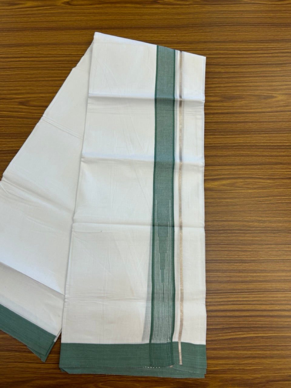 20% Discount ! Kaitharikada Balaramapuram 100% Pure Cotton Double Pure White Mundu/Dhoti - 100x80 - 1.5 inch Silver Kasav Green shaded white striped chutty 3.90 mtr (8.5 muzham) - 44 KK5287 PMC