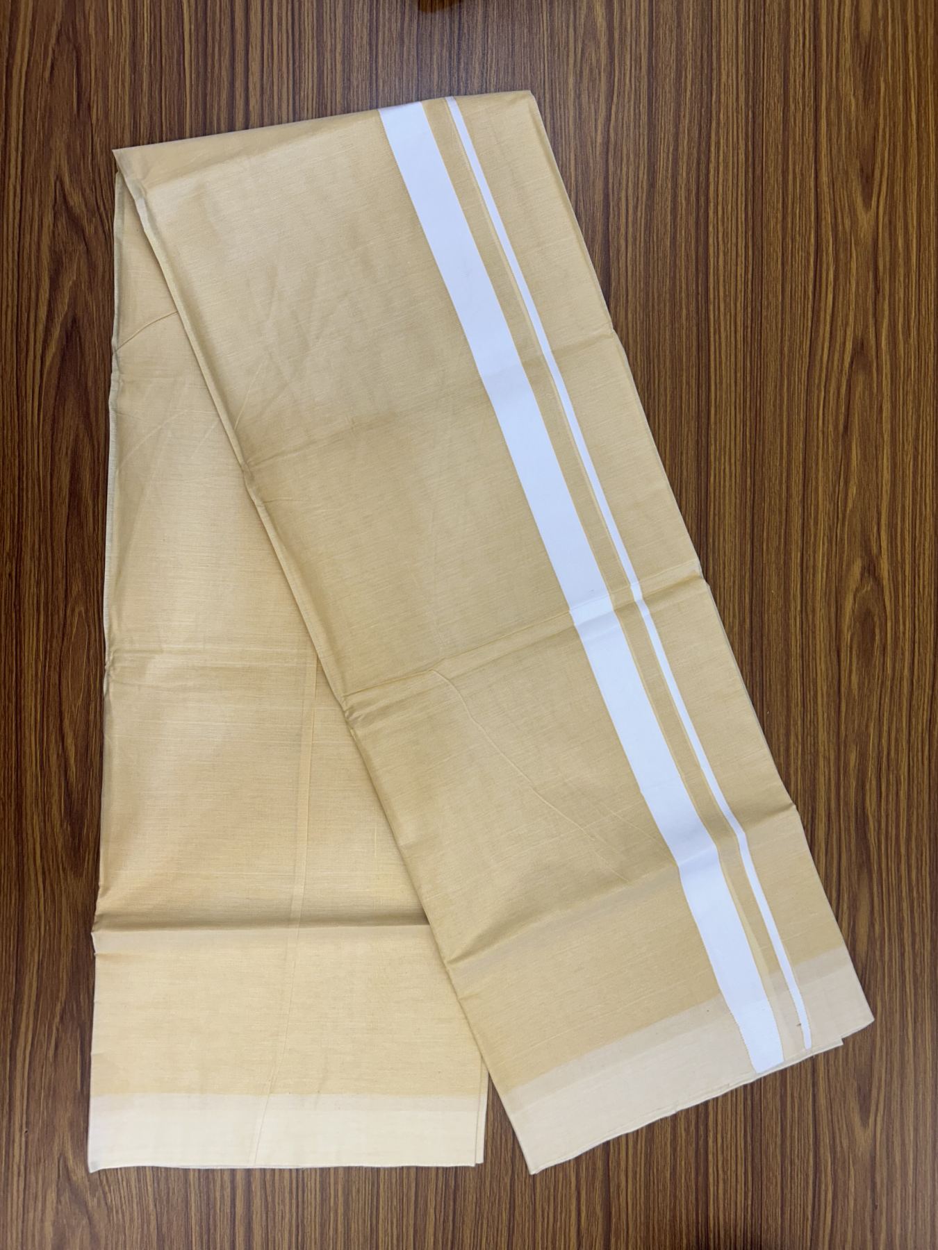 Kannur Kavi - 20% Discount! KaithariKada Balaramapuram  Double Mundu/Dhoti - Pure Cotton - 100x80 - Kannur Yellow colour Body 1 Inch White kara - 4 mtr - 1 KK5322 GAN