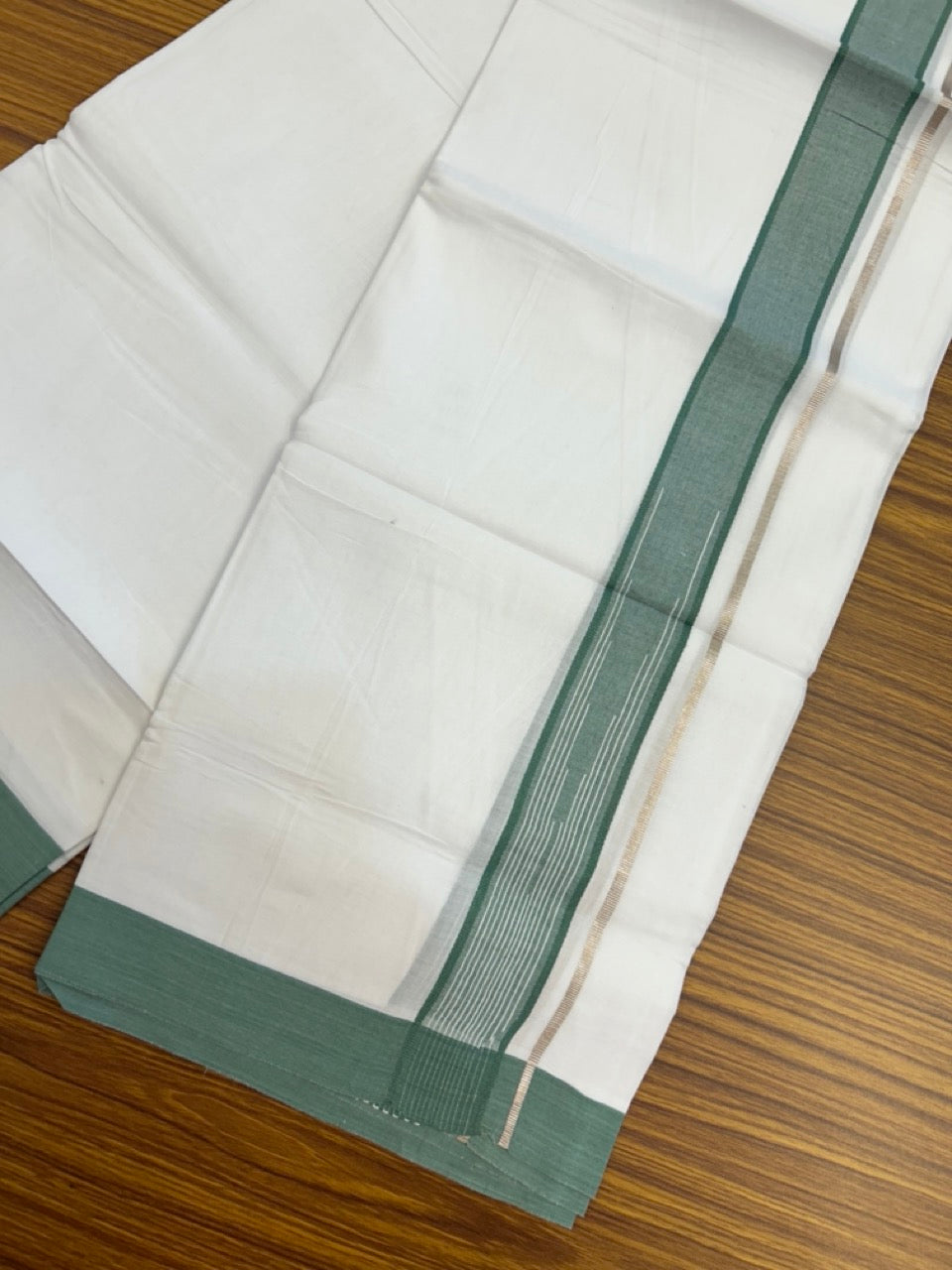 20% Discount ! Kaitharikada Balaramapuram 100% Pure Cotton Double Pure White Mundu/Dhoti - 100x80 - 1.5 inch Silver Kasav Green shaded white striped chutty 3.90 mtr (8.5 muzham) - 44 KK5287 PMC