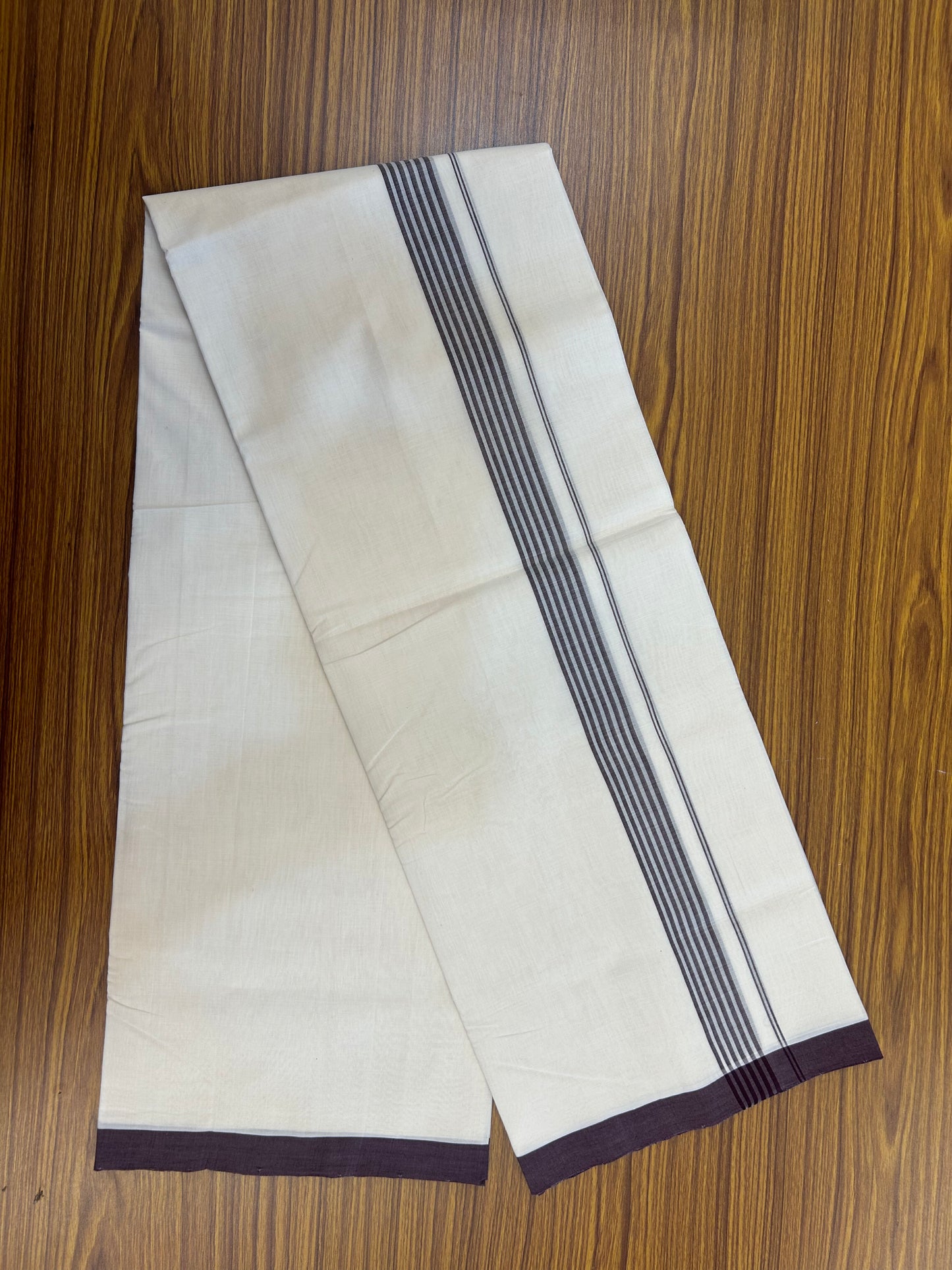 25% Discount!! KaithariKada Handloom Unakkupaav - Kerala Handloom - 100% Pure Cotton Off White - (Unbleached) Double Mundu/Dothi - 100x80 - 1.25 inch Wine Purple Striped Kara 4 mtr (8.5 muzham) - 58 KK5353 REA