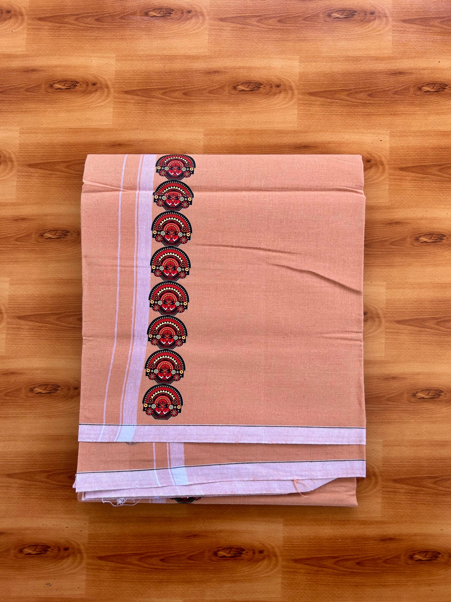 Single Kaily / Lungi- Kaitharikada - Pure Cotton - (40s) - Theyyam Printed Design 0.5 inch White Kara with Light Kavi Colour Body (2 meter / 4 muzham) - 65 KK8062 GAN
