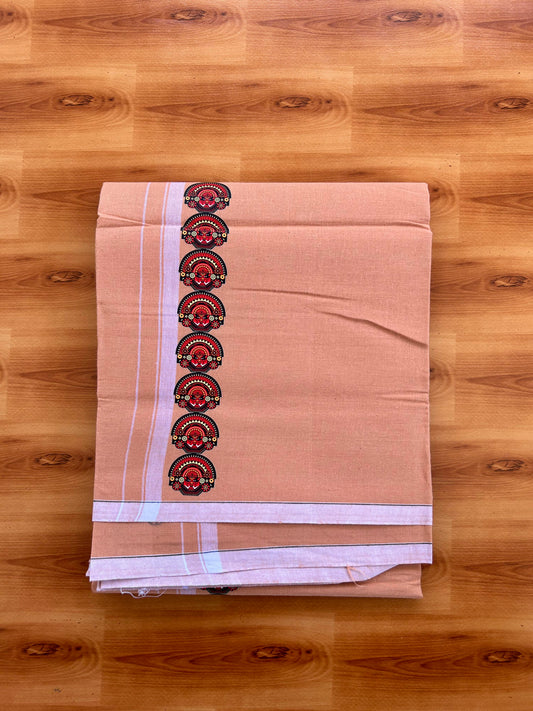 Single Kaily / Lungi- Kaitharikada - Pure Cotton - (40s) - Theyyam Printed Design 0.5 inch White Kara with Light Kavi Colour Body (2 meter / 4 muzham) - 65 KK8062 GAN