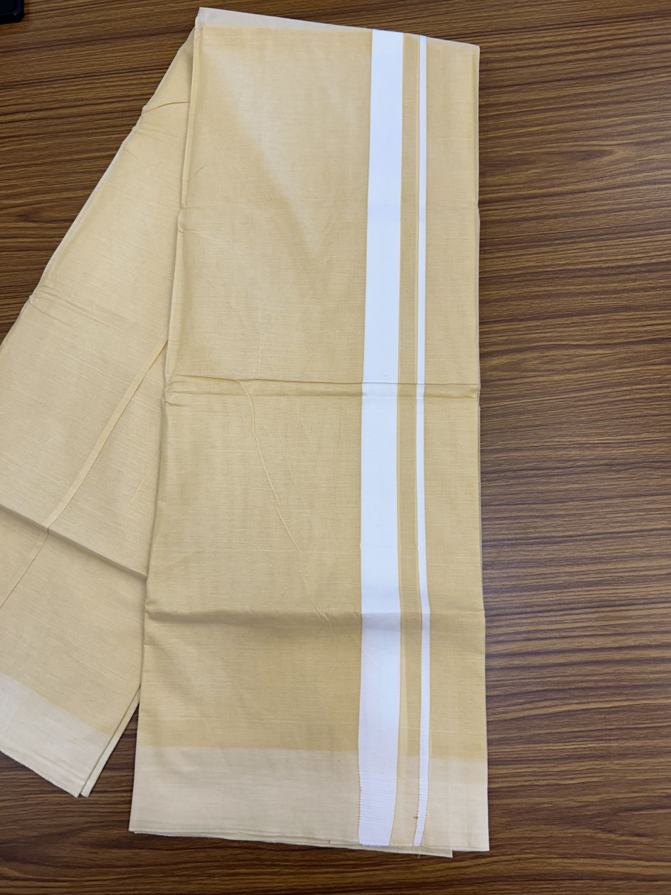 Kannur Kavi - 20% Discount! KaithariKada Balaramapuram  Double Mundu/Dhoti - Pure Cotton - 100x80 - Kannur Yellow colour Body 1 Inch White kara - 4 mtr - 1 KK5322 GAN