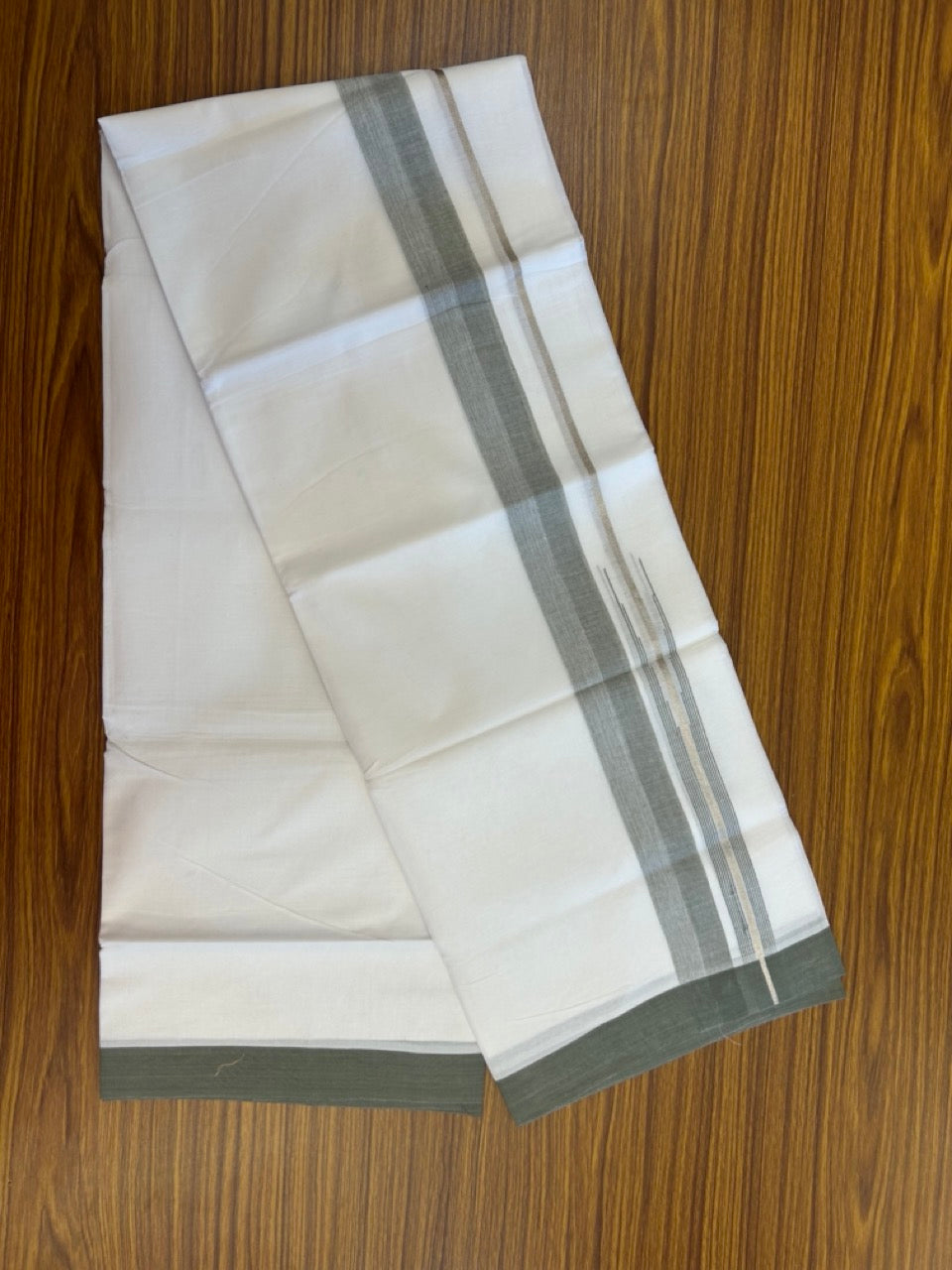 20% Discount ! Kaitharikada Balaramapuram 100% Pure Cotton Double Pure White Mundu/Dhoti - 100x80 - 1.5 inch Silver Kasav Moss Green striped chutty 3.90 mtr (8.5 muzham) - 86 KK5287 PMC