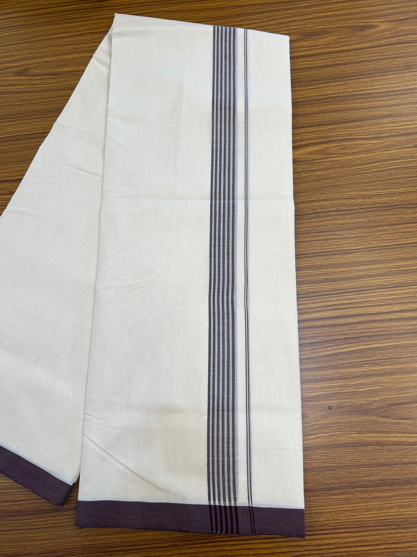 25% Discount!! KaithariKada Handloom Unakkupaav - Kerala Handloom - 100% Pure Cotton Off White - (Unbleached) Double Mundu/Dothi - 100x80 - 1.25 inch Wine Purple Striped Kara 4 mtr (8.5 muzham) - 58 KK5353 REA