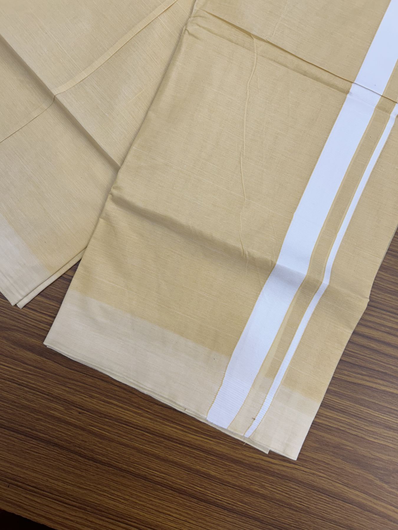 Kannur Kavi - 20% Discount! KaithariKada Balaramapuram  Double Mundu/Dhoti - Pure Cotton - 100x80 - Kannur Yellow colour Body 1 Inch White kara - 4 mtr - 1 KK5322 GAN