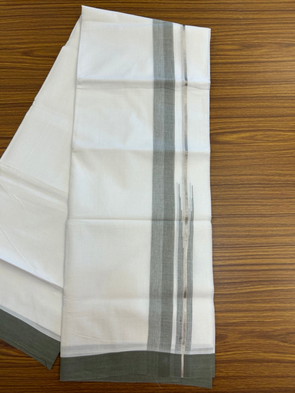 20% Discount ! Kaitharikada Balaramapuram 100% Pure Cotton Double Pure White Mundu/Dhoti - 100x80 - 1.5 inch Silver Kasav Moss Green striped chutty 3.90 mtr (8.5 muzham) - 86 KK5287 PMC