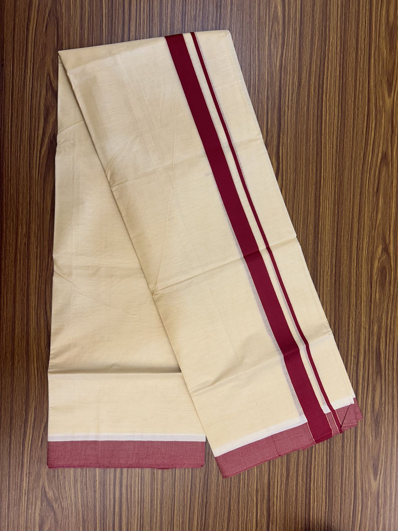 Kannur Kavi - 20% Discount! KaithariKada Balaramapuram  Double Mundu/Dhoti - Pure Cotton - 100x80 - Kannur Yellow colour Body 1.25 Inch Maroon Red kara - 4 mtr - 2 KK5322 GAN