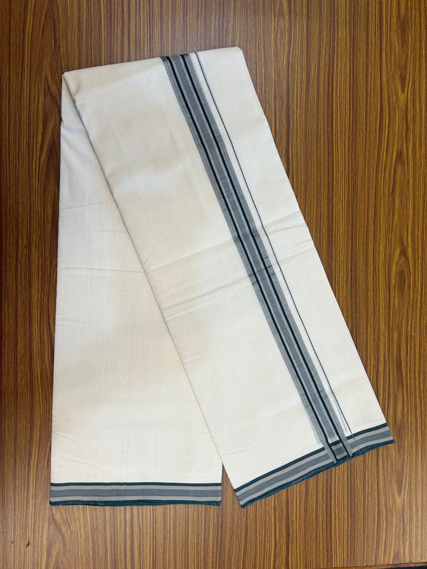 25% Discount!! KaithariKada Handloom Unakkupaav - Kerala Handloom - 100% Pure Cotton Off White - (Unbleached) Double Mundu/Dothi - 100x80 - 1.5 inch Silver Kasav Beige & Green Striped Kara 4 mtr (8.5 muzham) - 59 KK5353 REA