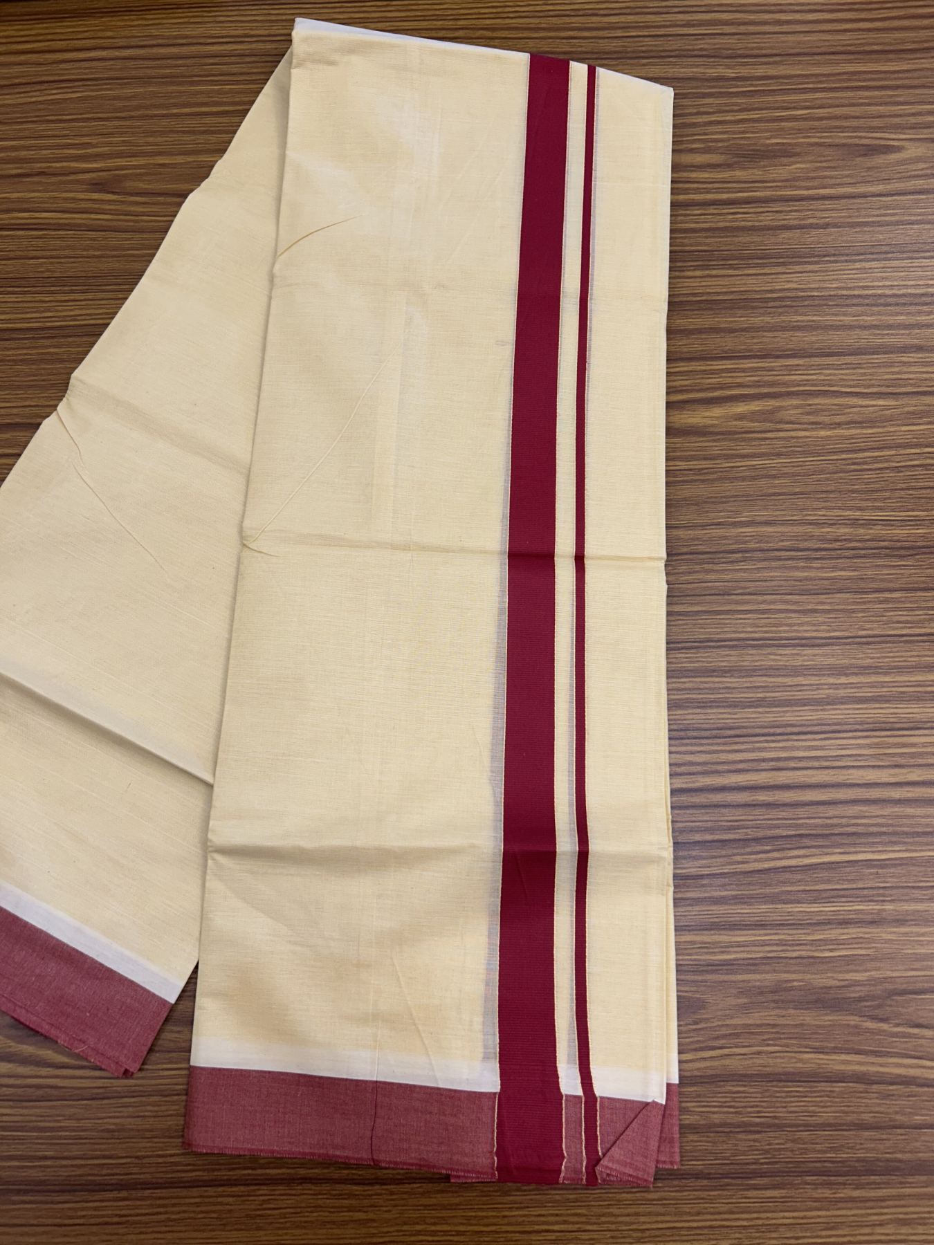 Kannur Kavi - 20% Discount! KaithariKada Balaramapuram  Double Mundu/Dhoti - Pure Cotton - 100x80 - Kannur Yellow colour Body 1.25 Inch Maroon Red kara - 4 mtr - 2 KK5322 GAN