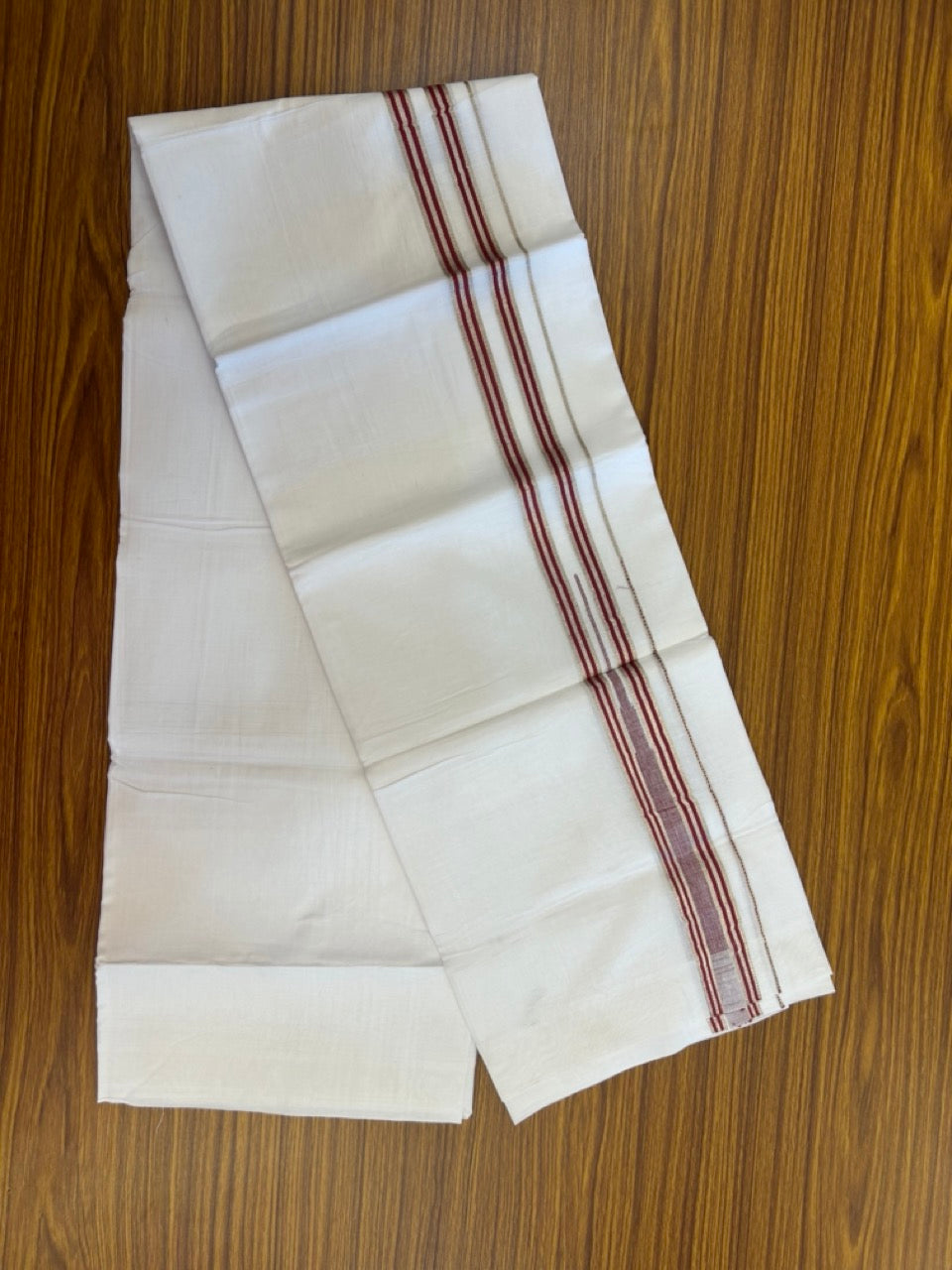 20% Discount ! Kaitharikada Balaramapuram 100% Pure Cotton Double Pure White Mundu/Dhoti - 100x80 - 1.5 inch Silver Kasav Maroon Red striped temple chutty 3.90 mtr (8.5 muzham) - 69 KK5287 PMC