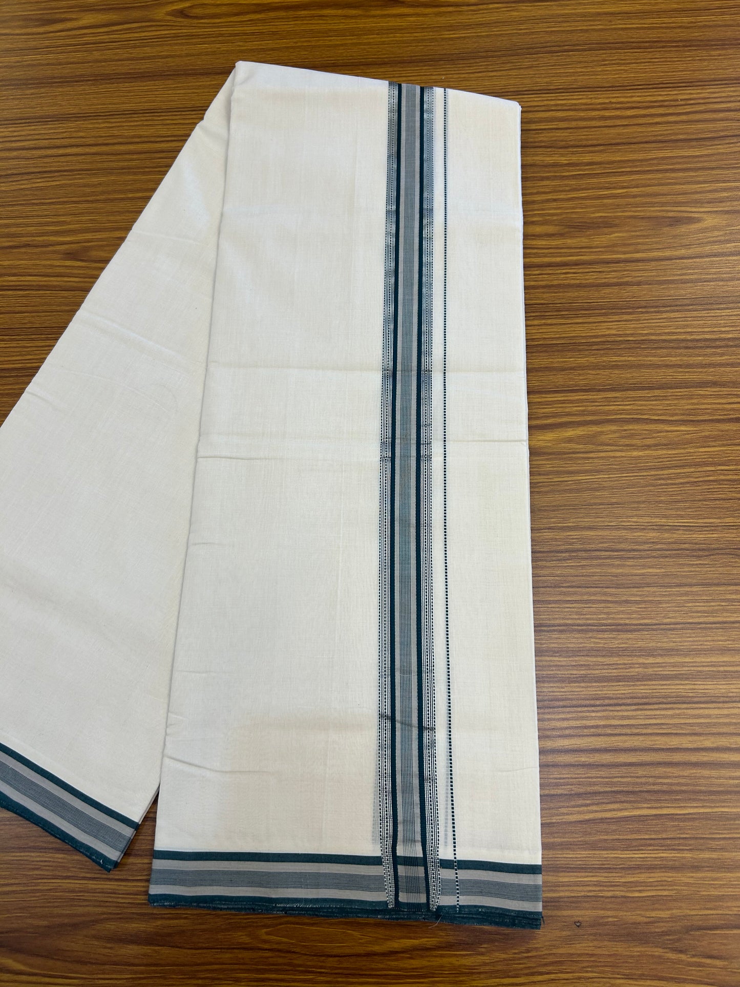 25% Discount!! KaithariKada Handloom Unakkupaav - Kerala Handloom - 100% Pure Cotton Off White - (Unbleached) Double Mundu/Dothi - 100x80 - 1.5 inch Silver Kasav Beige & Green Striped Kara 4 mtr (8.5 muzham) - 59 KK5353 REA