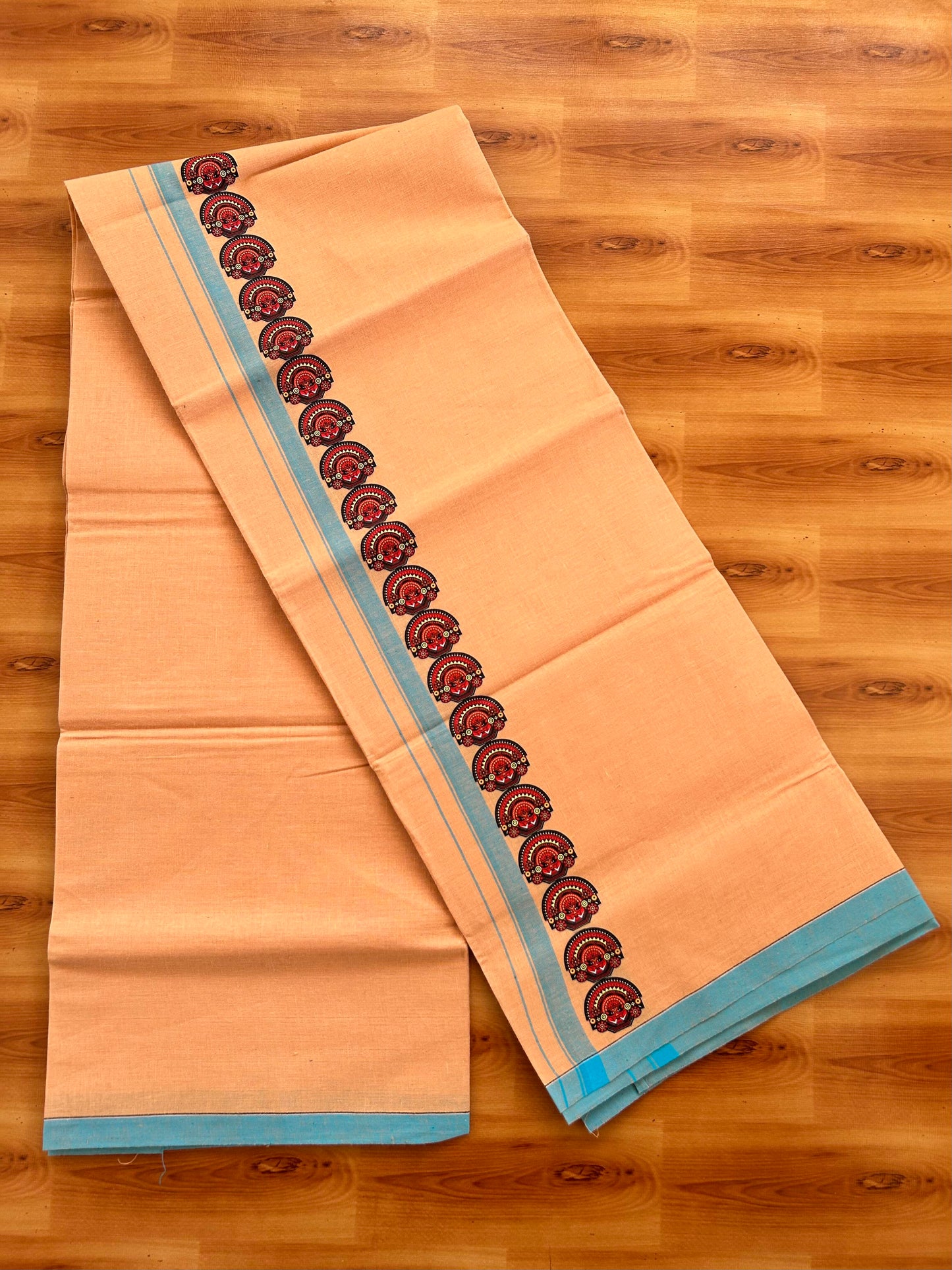 Single Kaily / Lungi- Kaitharikada - Pure Cotton - (40s) - Theyyam Printed Design 0.5 inch Light Blue Kara with Light Kavi Colour Body (2 meter / 4 muzham) - 67 KK8062 GAN