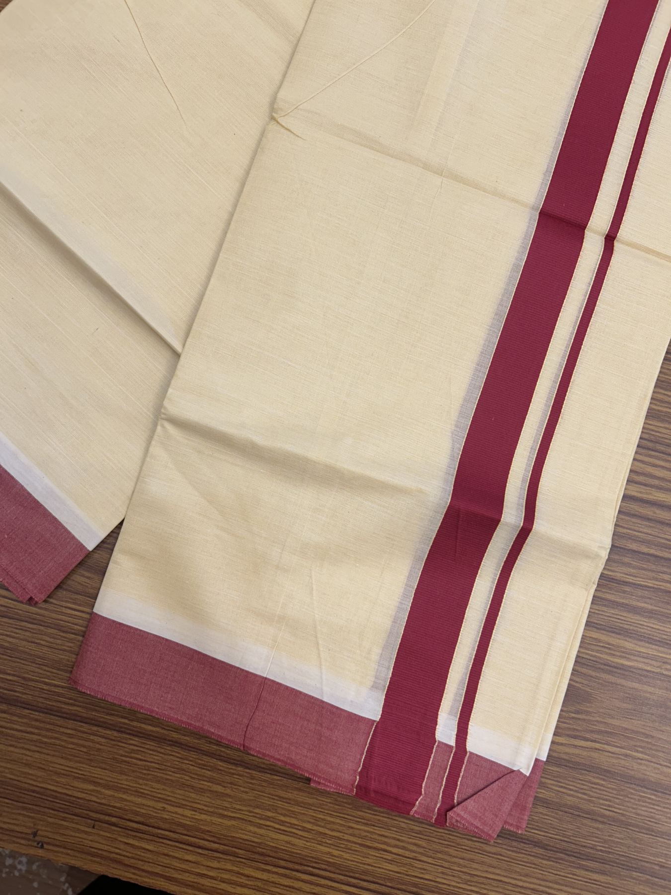 Kannur Kavi - 20% Discount! KaithariKada Balaramapuram  Double Mundu/Dhoti - Pure Cotton - 100x80 - Kannur Yellow colour Body 1.25 Inch Maroon Red kara - 4 mtr - 2 KK5322 GAN