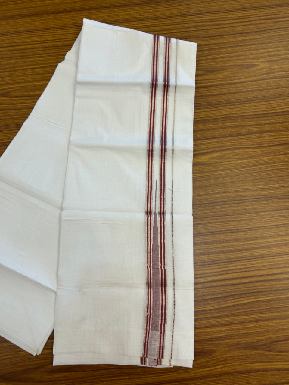 20% Discount ! Kaitharikada Balaramapuram 100% Pure Cotton Double Pure White Mundu/Dhoti - 100x80 - 1.5 inch Silver Kasav Maroon Red striped temple chutty 3.90 mtr (8.5 muzham) - 69 KK5287 PMC