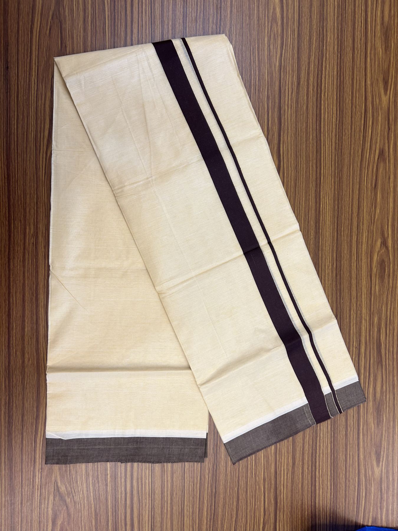 Kannur Kavi - 20% Discount! KaithariKada Balaramapuram  Double Mundu/Dhoti - Pure Cotton - 100x80 - Kannur Yellow colour Body 1.25 Inch Brown kara - 4 mtr - 3 KK5322 GAN