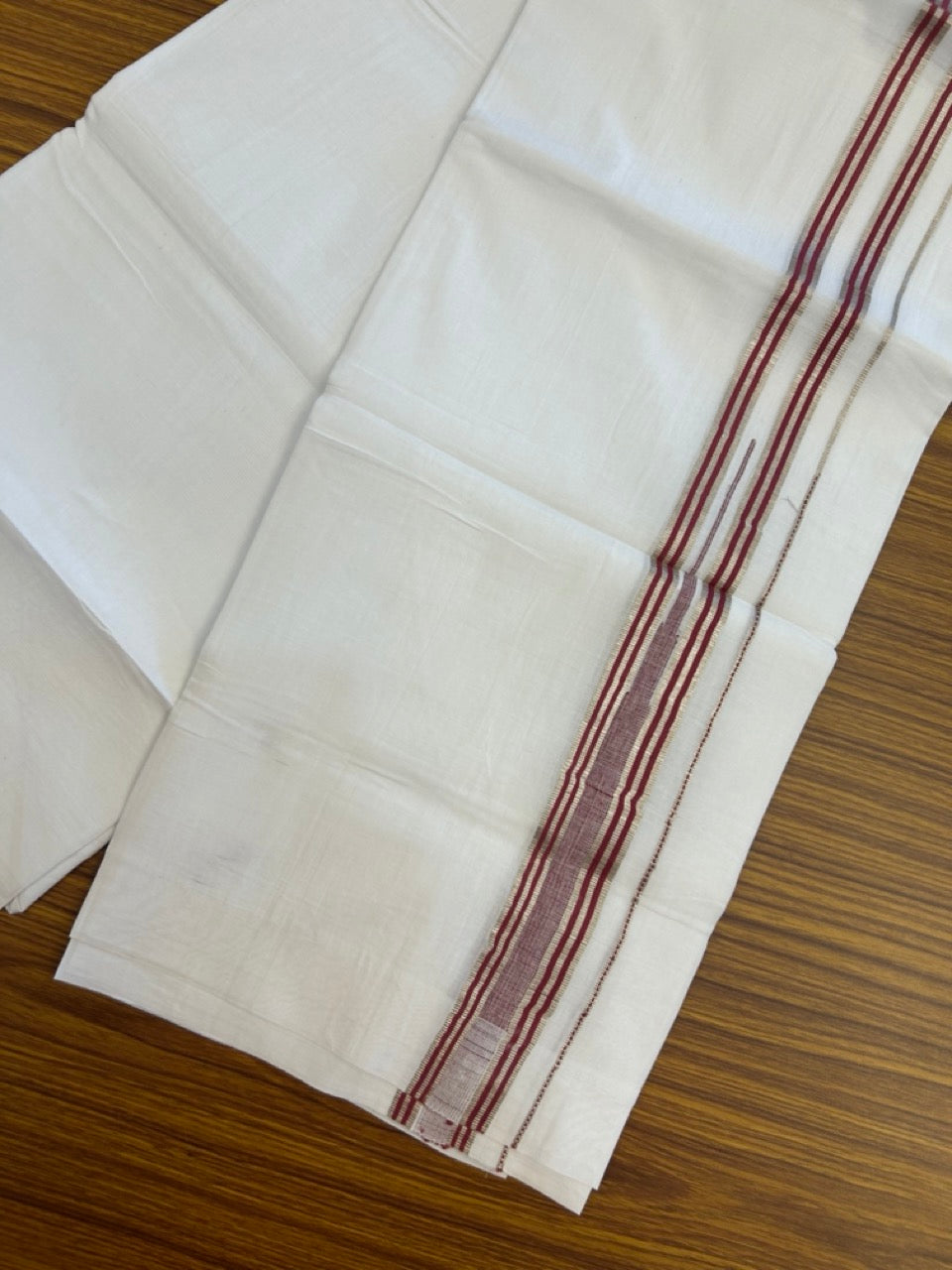 20% Discount ! Kaitharikada Balaramapuram 100% Pure Cotton Double Pure White Mundu/Dhoti - 100x80 - 1.5 inch Silver Kasav Maroon Red striped temple chutty 3.90 mtr (8.5 muzham) - 69 KK5287 PMC