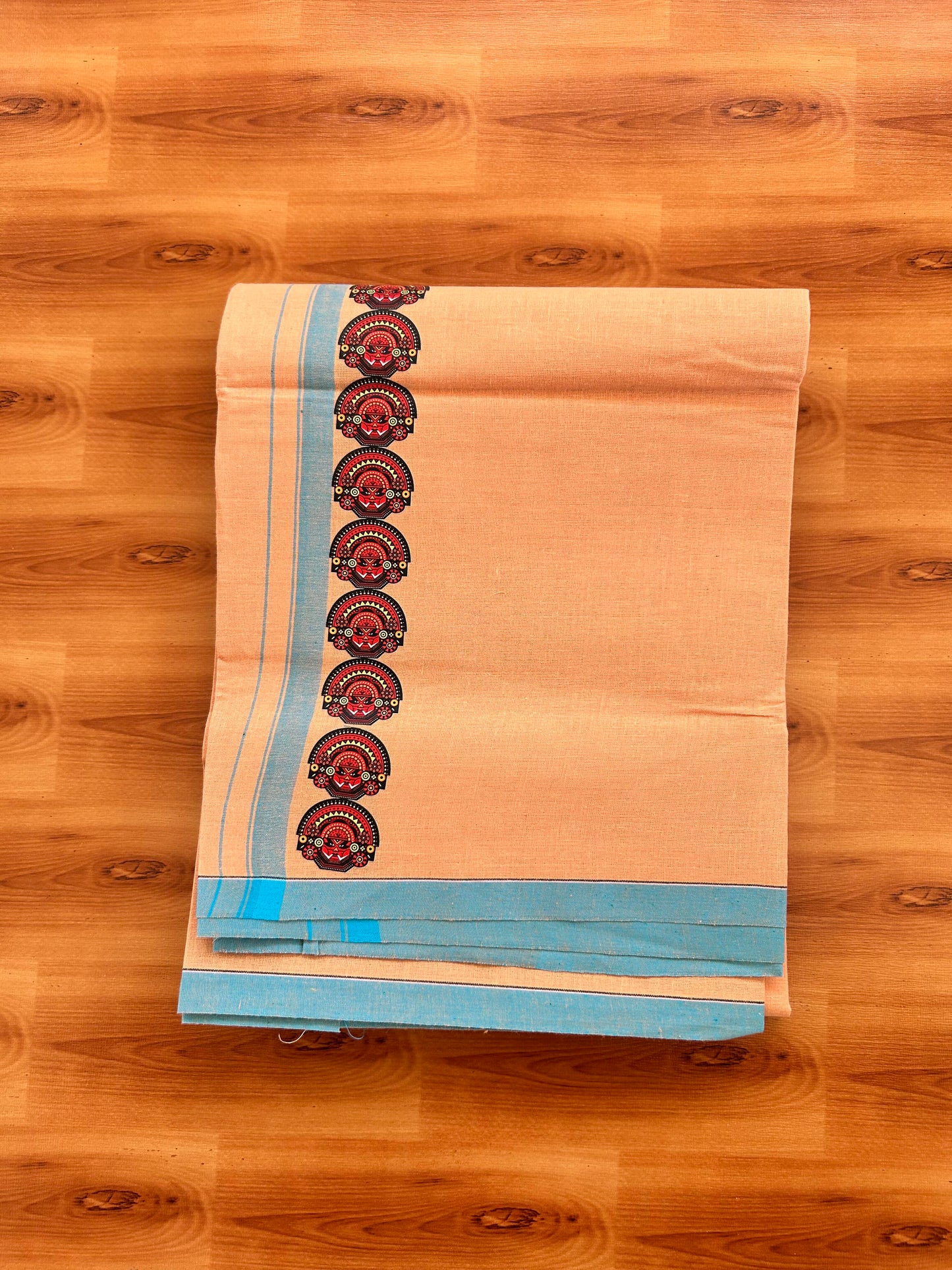 Single Kaily / Lungi- Kaitharikada - Pure Cotton - (40s) - Theyyam Printed Design 0.5 inch Light Blue Kara with Light Kavi Colour Body (2 meter / 4 muzham) - 67 KK8062 GAN