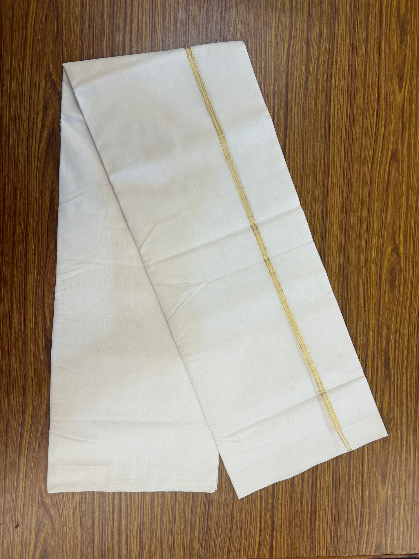 25% Discount!! KaithariKada Handloom Unakkupaav - Kerala Handloom - 100% Pure Cotton Off White (Unbleached) Double Mundu/Dothi - 100x80 - 1 cm Pure Jerry Gold Kasav Stripes Kara 4 mtr (8.5 muzham) - 61 KK5353 REA