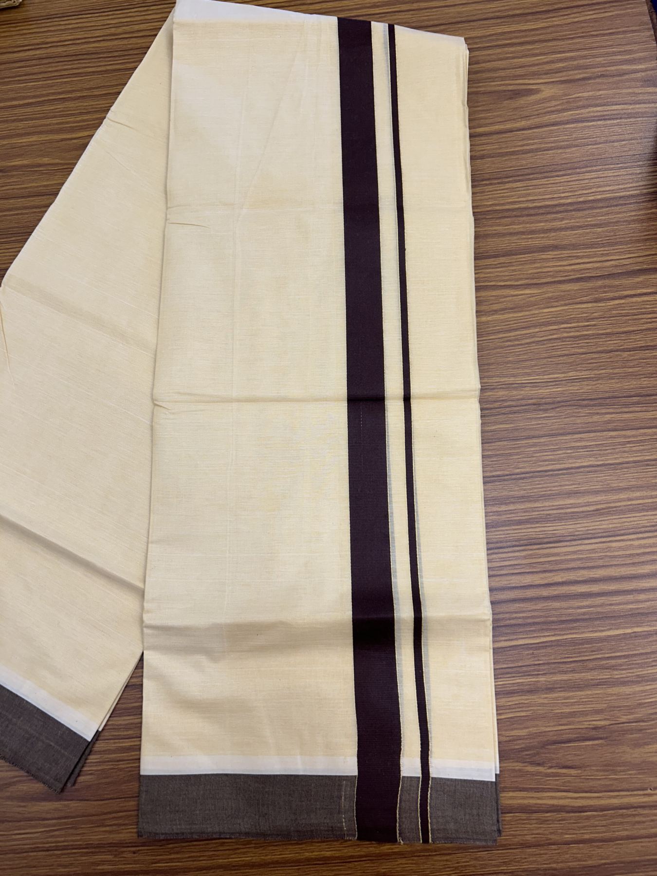 Kannur Kavi - 20% Discount! KaithariKada Balaramapuram  Double Mundu/Dhoti - Pure Cotton - 100x80 - Kannur Yellow colour Body 1.25 Inch Brown kara - 4 mtr - 3 KK5322 GAN
