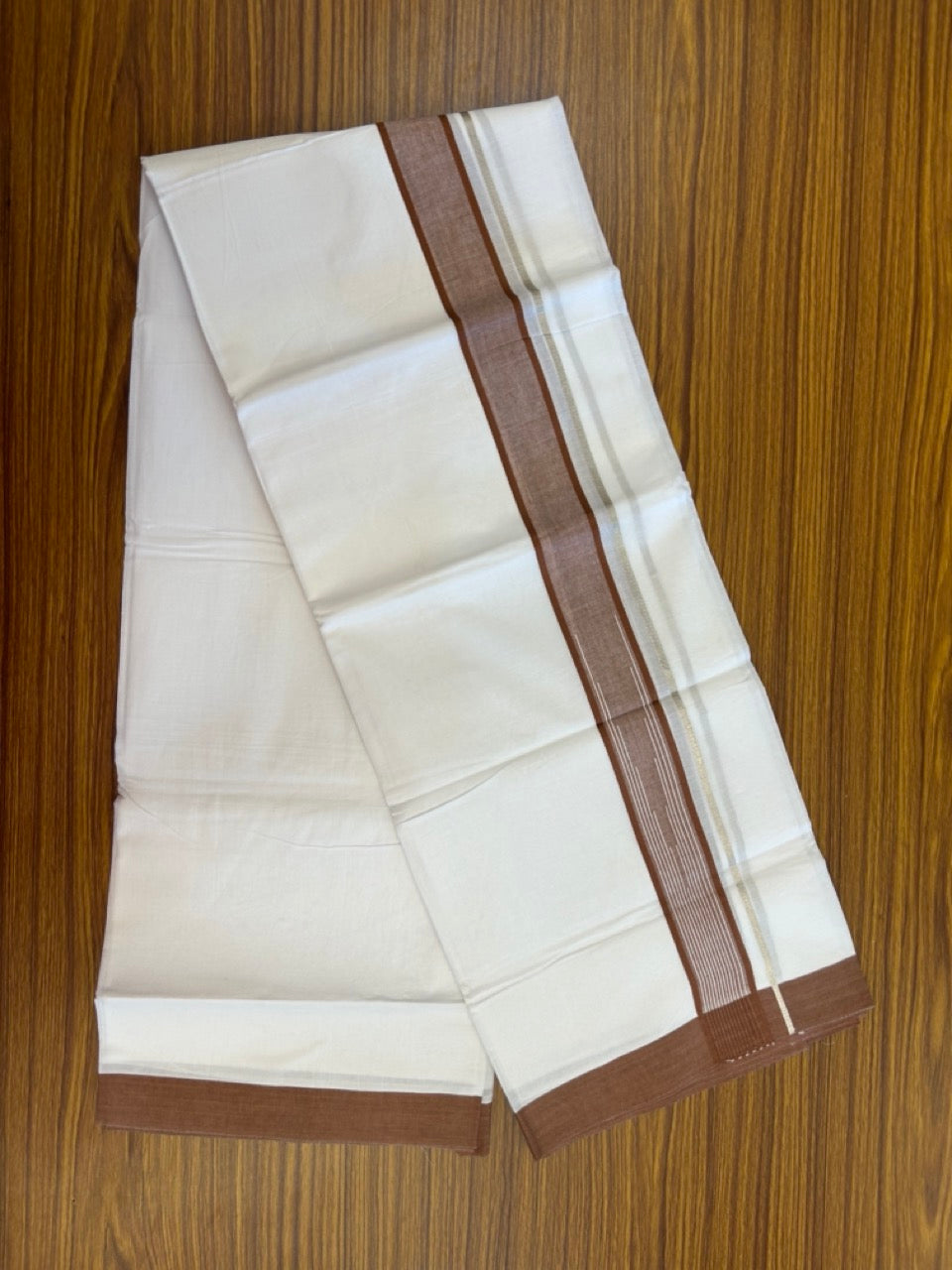 20% Discount ! Kaitharikada Balaramapuram 100% Pure Cotton Double Pure White Mundu/Dhoti - 100x80 - 1.5 inch Silver Kasav Brown shaded white striped chutty 3.90 mtr (8.5 muzham) - 48 KK5287 PMC