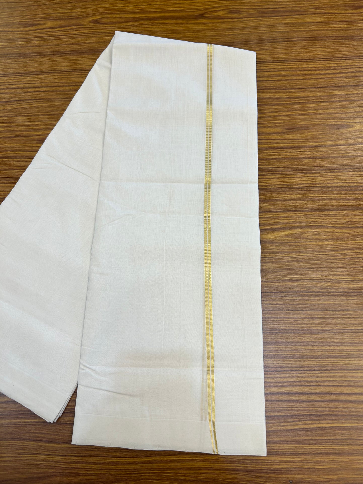 25% Discount!! KaithariKada Handloom Unakkupaav - Kerala Handloom - 100% Pure Cotton Off White (Unbleached) Double Mundu/Dothi - 100x80 - 1 cm Pure Jerry Gold Kasav Stripes Kara 4 mtr (8.5 muzham) - 61 KK5353 REA