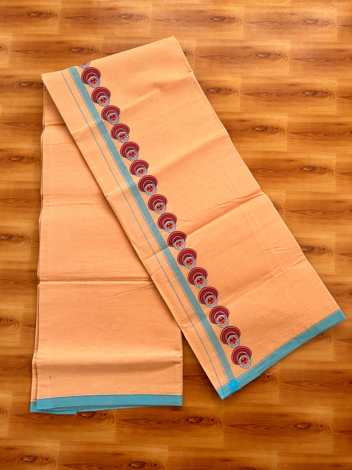 Single Kaily / Lungi- Kaitharikada - Pure Cotton - (40s) - Theyyam Printed Design 0.5 inch Light  Blue Kara with Light Kavi Colour Body (2 meter / 4 muzham) - 66 KK8062 GAN