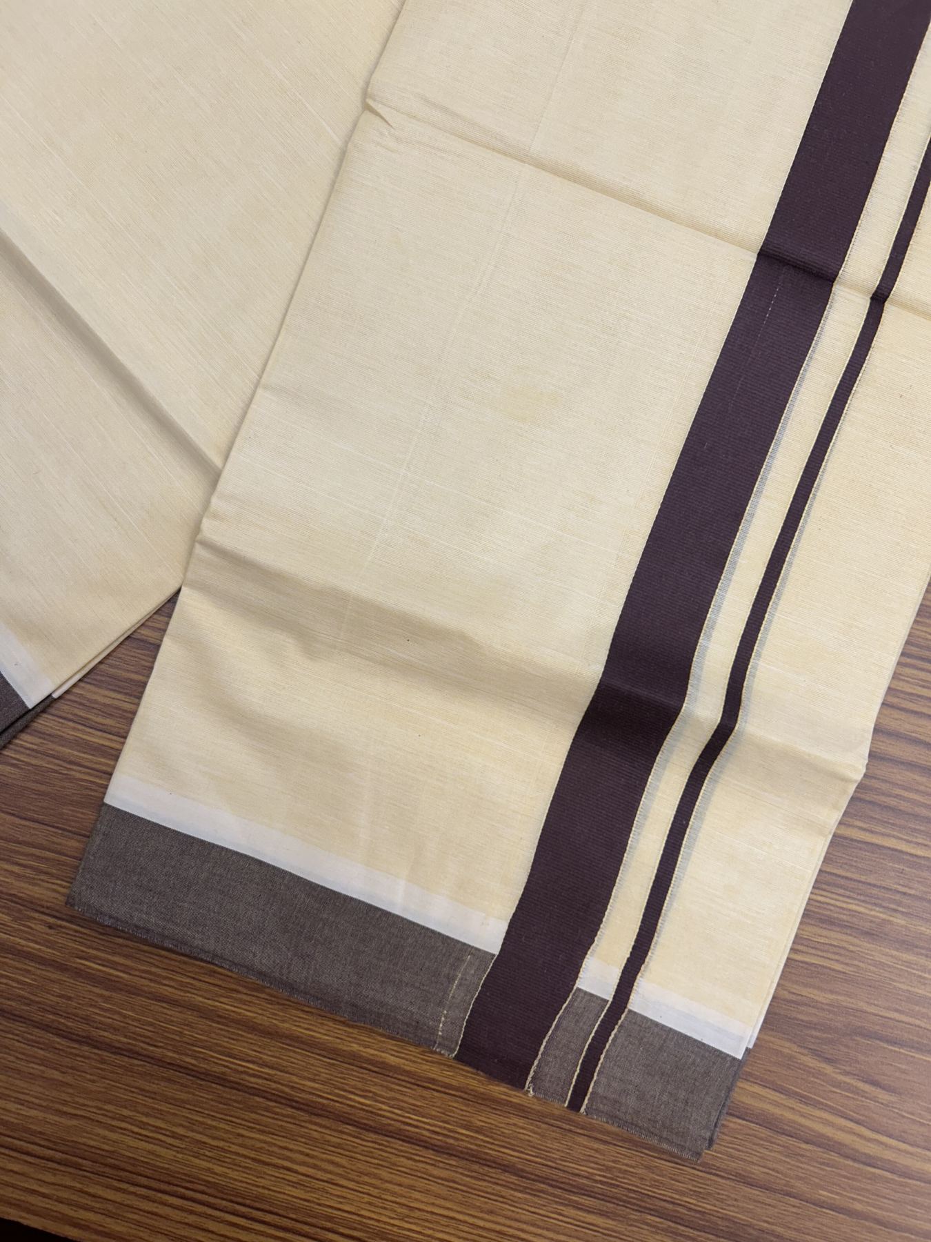 Kannur Kavi - 20% Discount! KaithariKada Balaramapuram  Double Mundu/Dhoti - Pure Cotton - 100x80 - Kannur Yellow colour Body 1.25 Inch Brown kara - 4 mtr - 3 KK5322 GAN