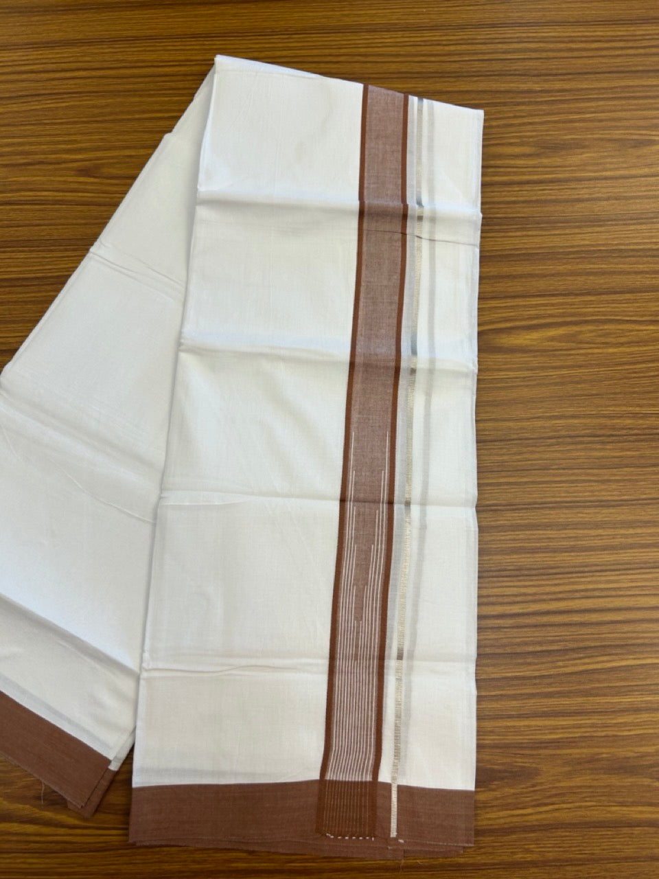 20% Discount ! Kaitharikada Balaramapuram 100% Pure Cotton Double Pure White Mundu/Dhoti - 100x80 - 1.5 inch Silver Kasav Brown shaded white striped chutty 3.90 mtr (8.5 muzham) - 48 KK5287 PMC