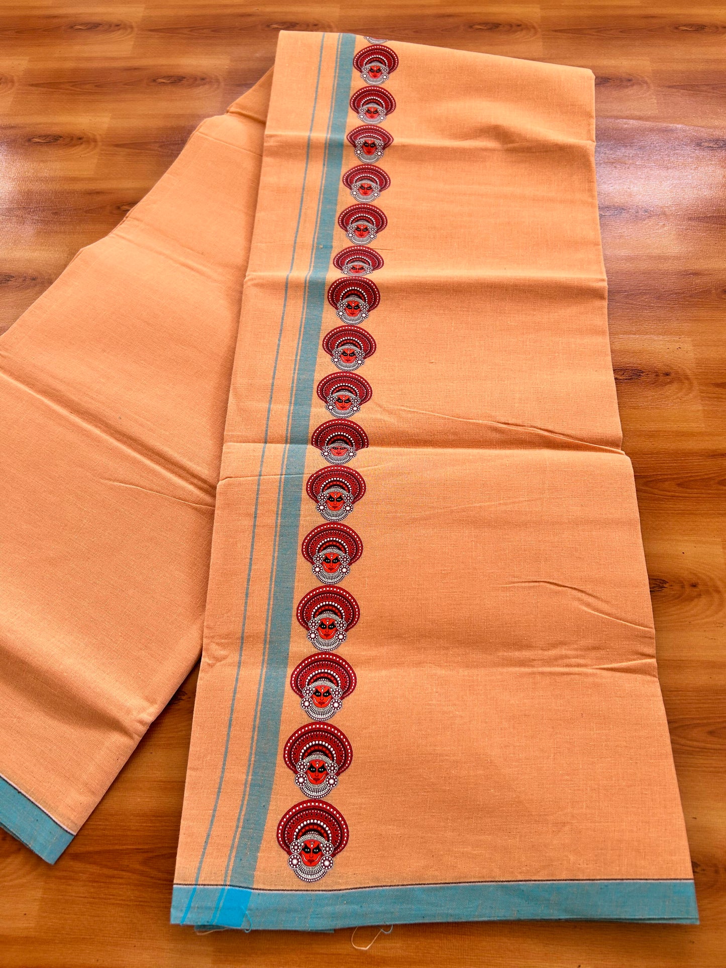 Single Kaily / Lungi- Kaitharikada - Pure Cotton - (40s) - Theyyam Printed Design 0.5 inch Light  Blue Kara with Light Kavi Colour Body (2 meter / 4 muzham) - 66 KK8062 GAN