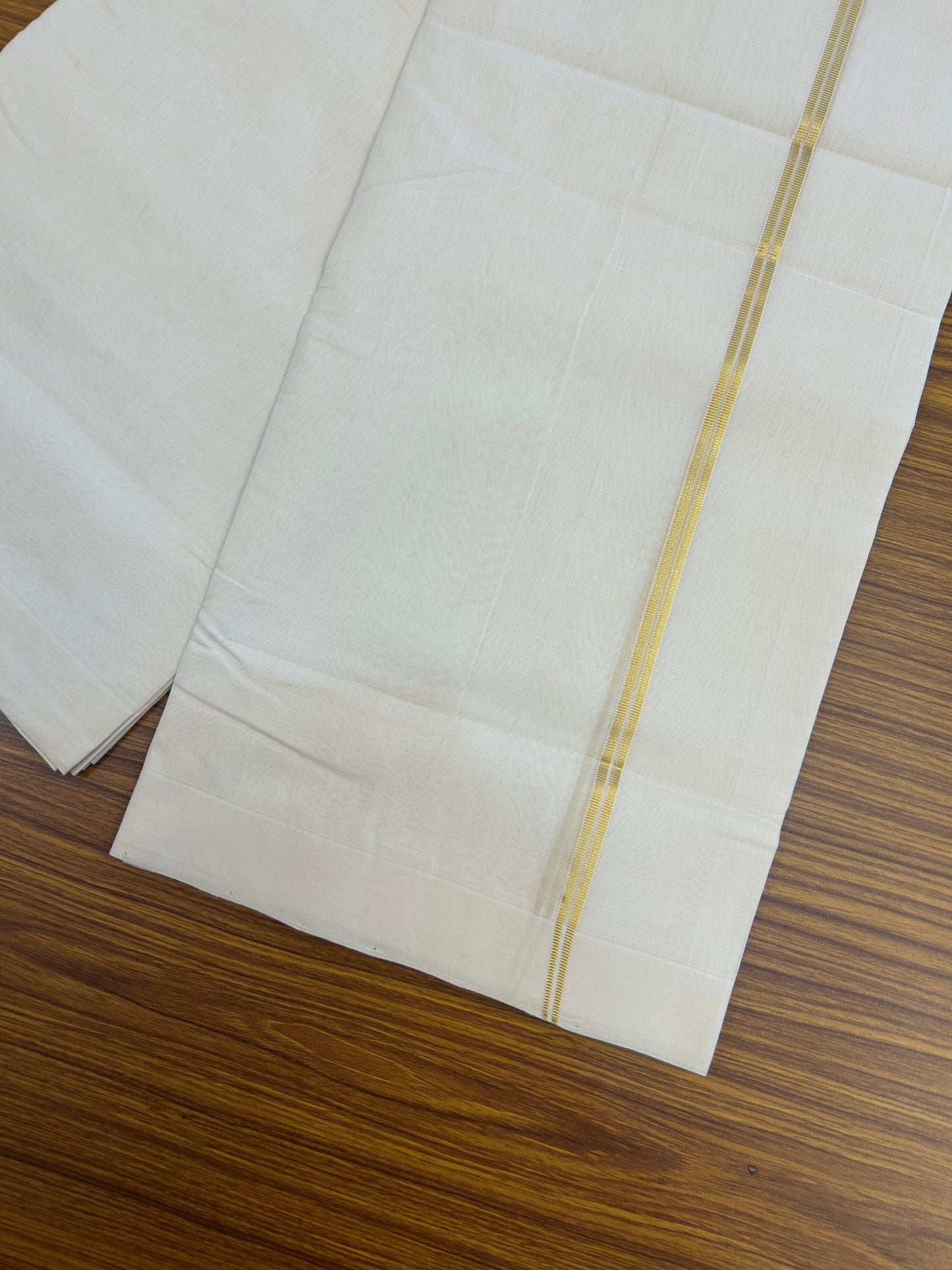 25% Discount!! KaithariKada Handloom Unakkupaav - Kerala Handloom - 100% Pure Cotton Off White (Unbleached) Double Mundu/Dothi - 100x80 - 1 cm Pure Jerry Gold Kasav Stripes Kara 4 mtr (8.5 muzham) - 61 KK5353 REA