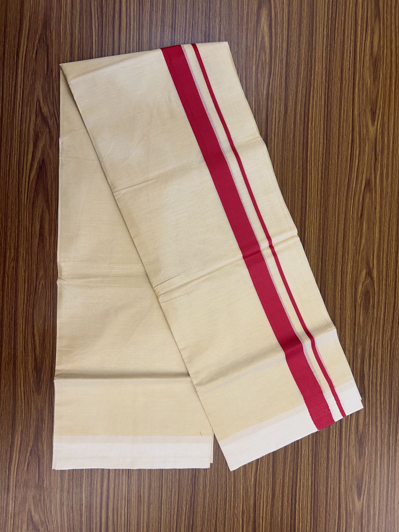 Kannur Kavi - 20% Discount! KaithariKada Balaramapuram  Double Mundu/Dhoti - Pure Cotton - 100x80 - Kannur Yellow colour Body 1.25 Inch Red kara - 4 mtr - 4 KK5322 GAN