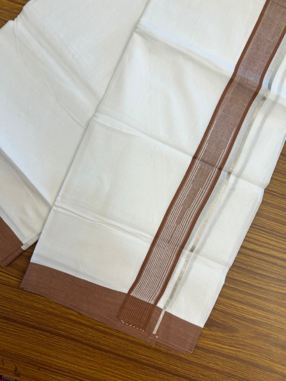 20% Discount ! Kaitharikada Balaramapuram 100% Pure Cotton Double Pure White Mundu/Dhoti - 100x80 - 1.5 inch Silver Kasav Brown shaded white striped chutty 3.90 mtr (8.5 muzham) - 48 KK5287 PMC
